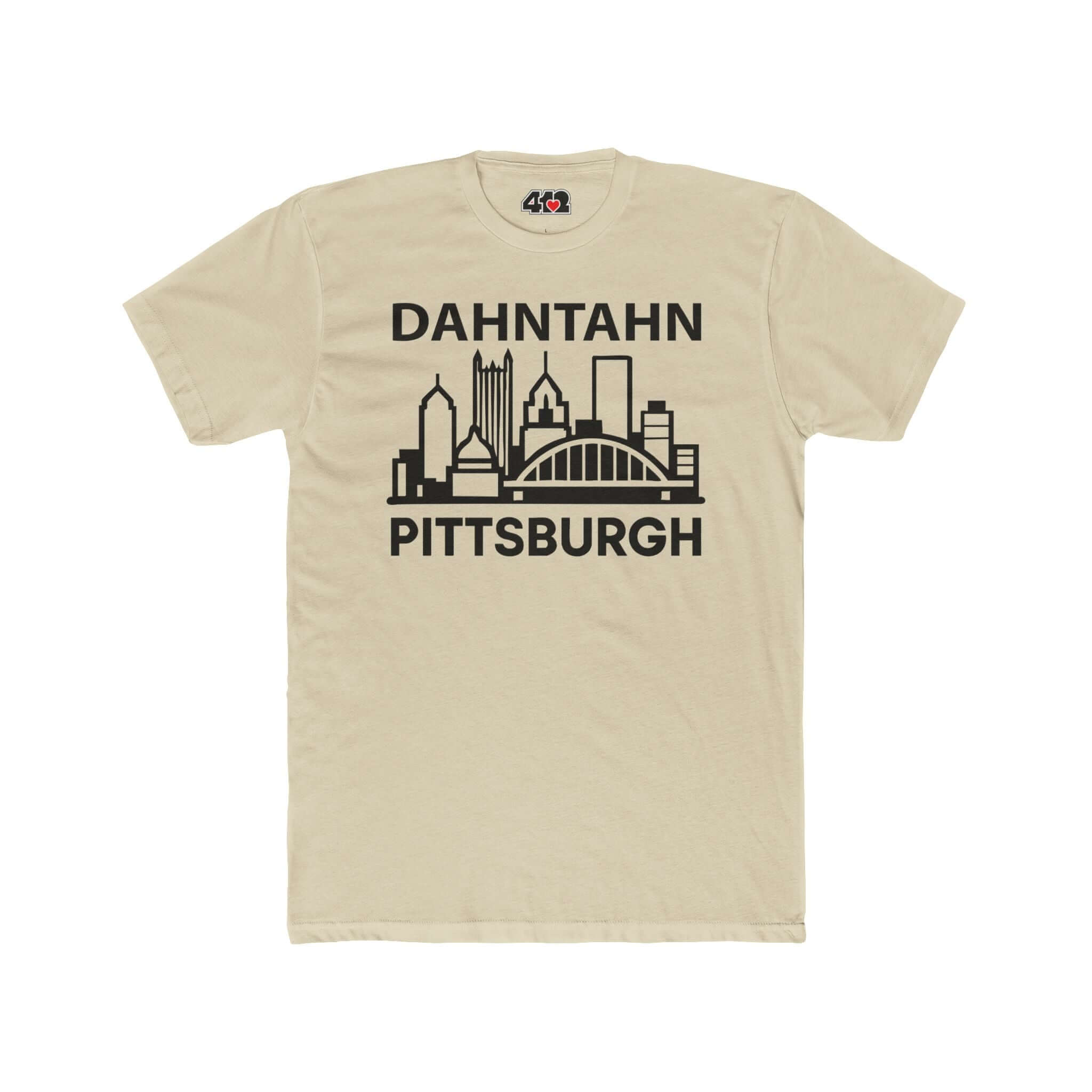 Dahntahn Pittsburgh T-Shirt | Black Logo. Apparel Color: Solid Cream. Tailored fit T-Shirt with breathable cotton fabric, and classic neckline.
