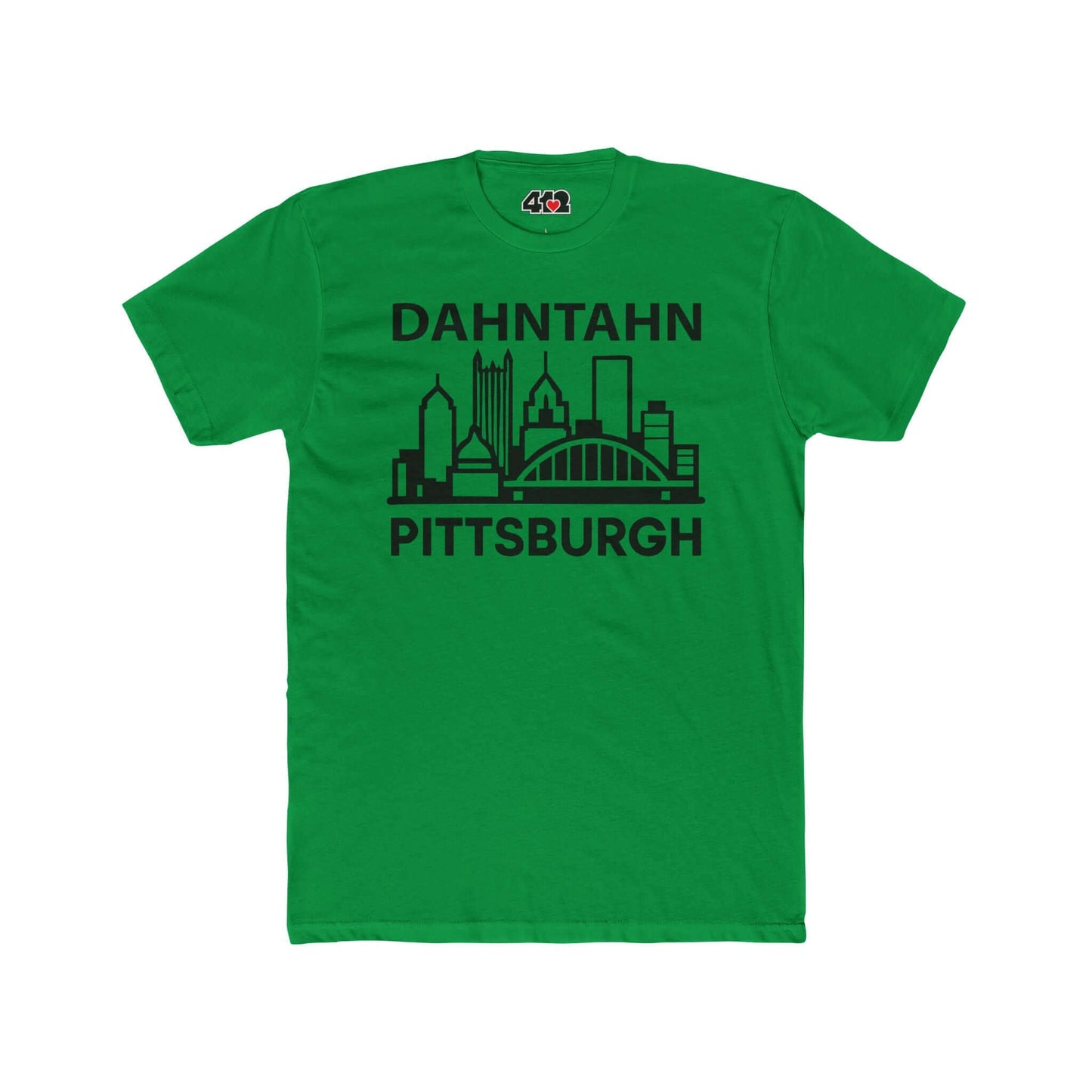 Dahntahn Pittsburgh T-Shirt | Black Logo. Apparel Color: Solid Kelly Green. Tailored fit T-Shirt with breathable cotton fabric, and classic neckline.