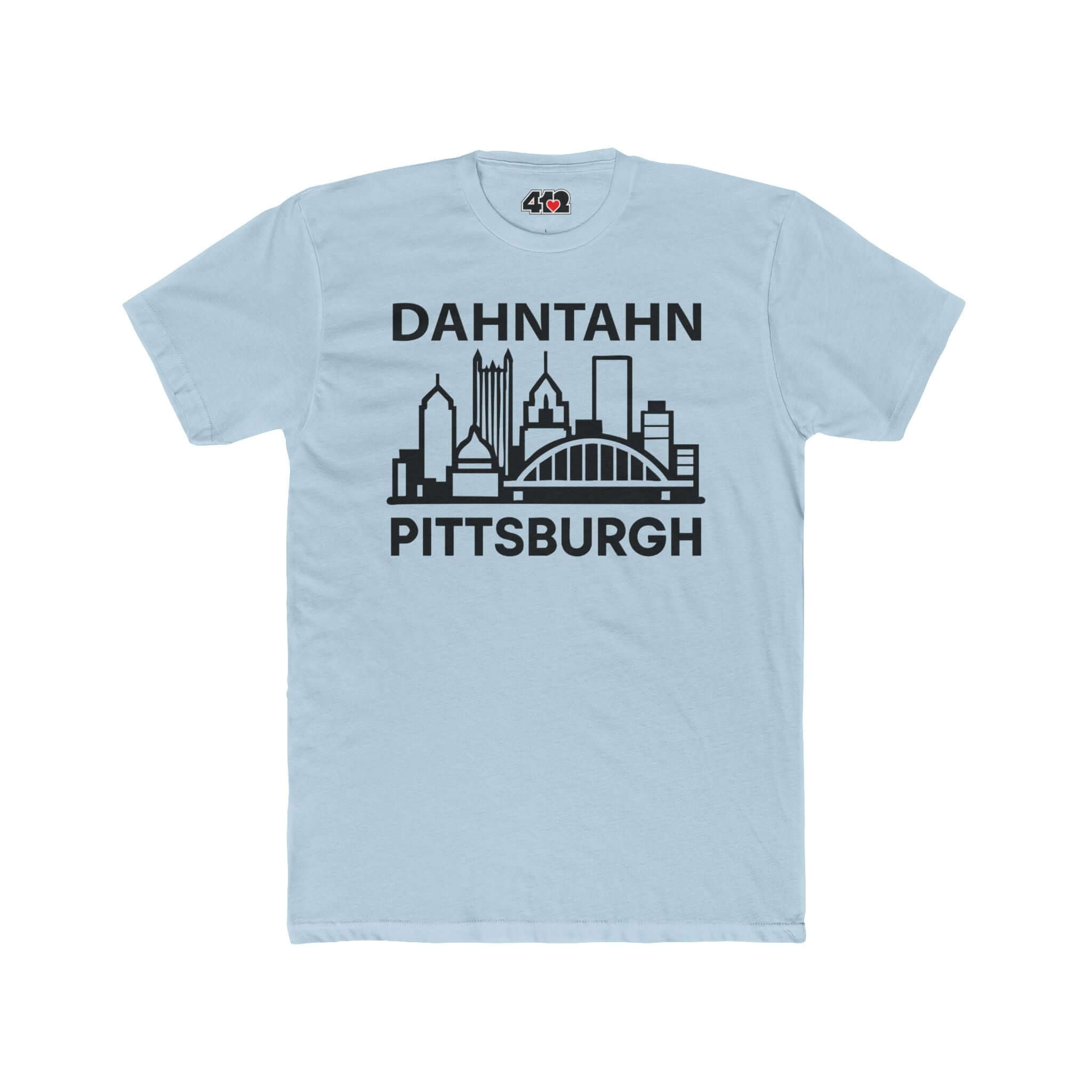 Dahntahn Pittsburgh T-Shirt | Black Logo. Apparel Color: Solid Light Blue. Tailored fit T-Shirt with breathable cotton fabric, and classic neckline.
