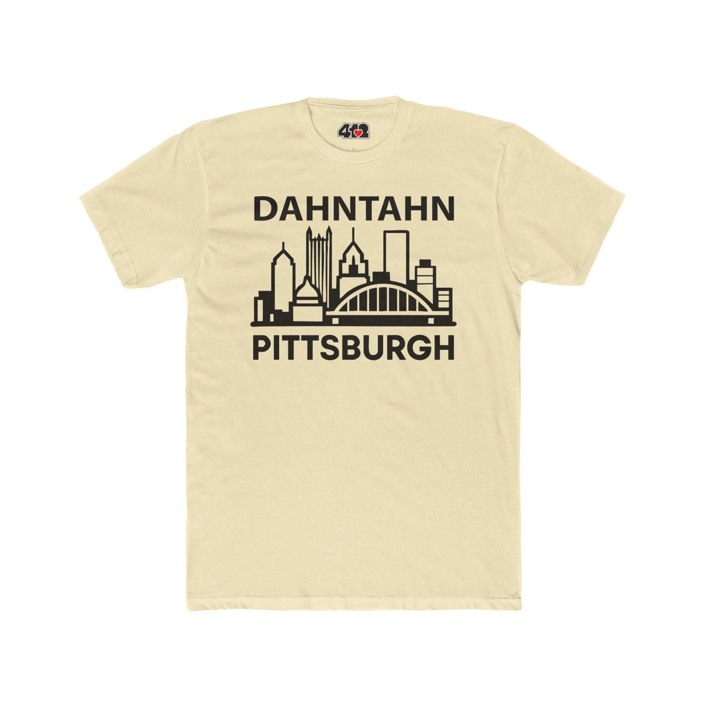 Dahntahn Pittsburgh T-Shirt | Black Logo. Apparel Color: Solid Natural. Tailored fit T-Shirt with breathable cotton fabric, and classic neckline.