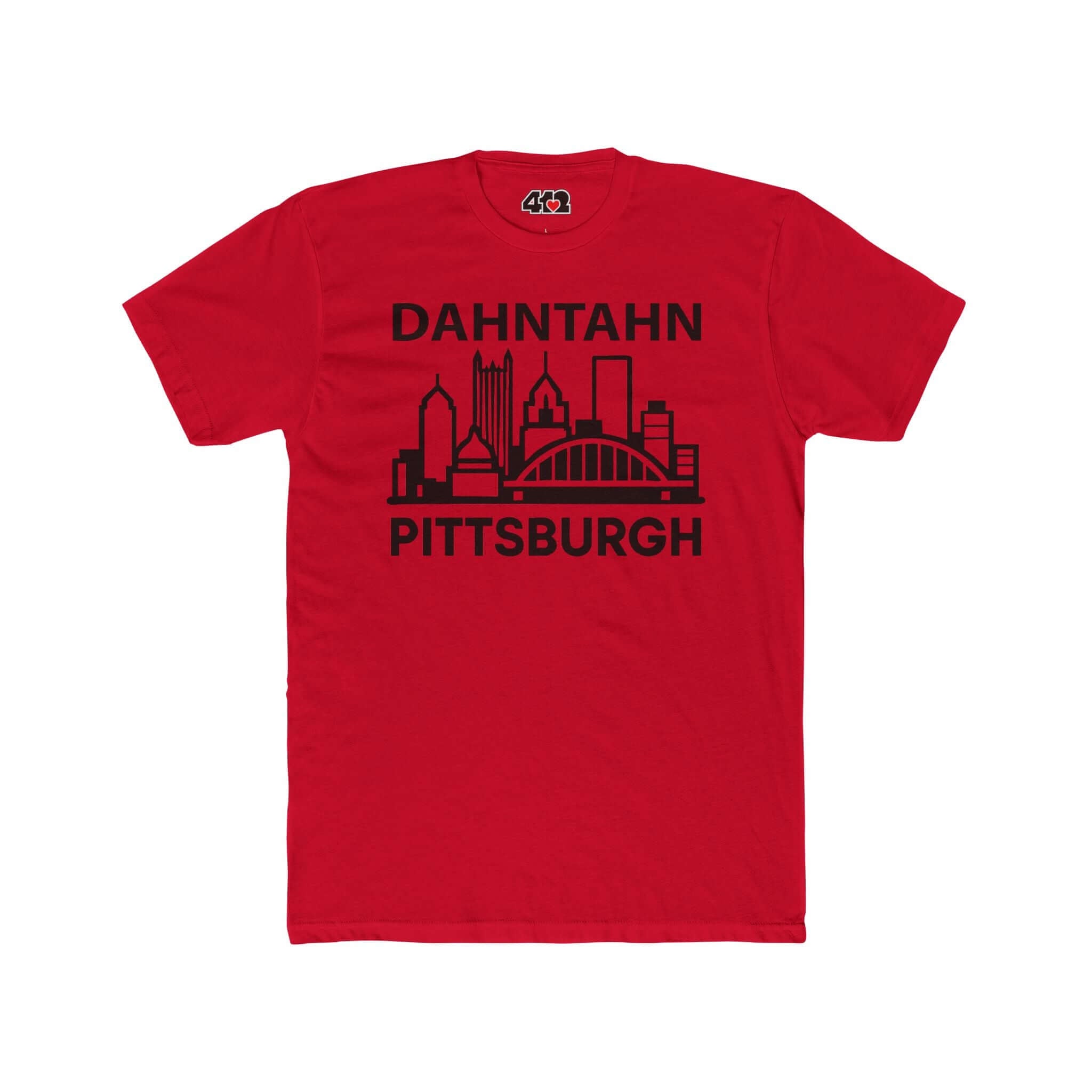 Dahntahn Pittsburgh T-Shirt | Black Logo. Apparel Color: Solid Red. Tailored fit T-Shirt with breathable cotton fabric, and classic neckline.