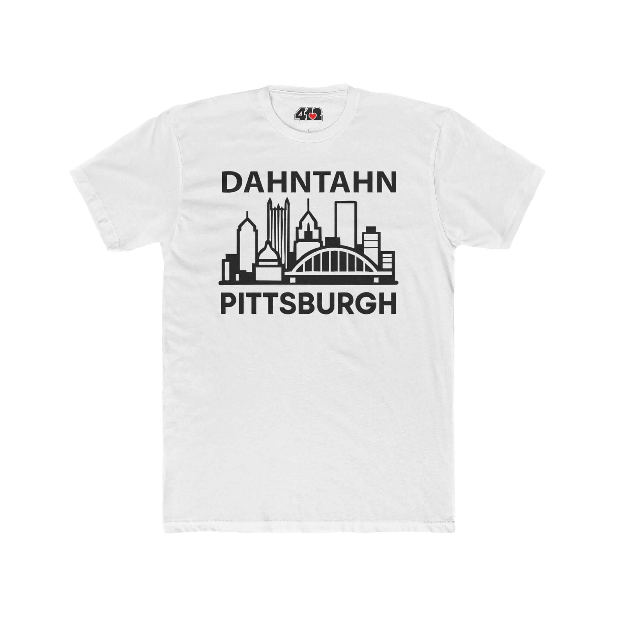 Dahntahn Pittsburgh T-Shirt | Black Logo. Apparel Color: Solid White. Tailored fit T-Shirt with breathable cotton fabric, and classic neckline.