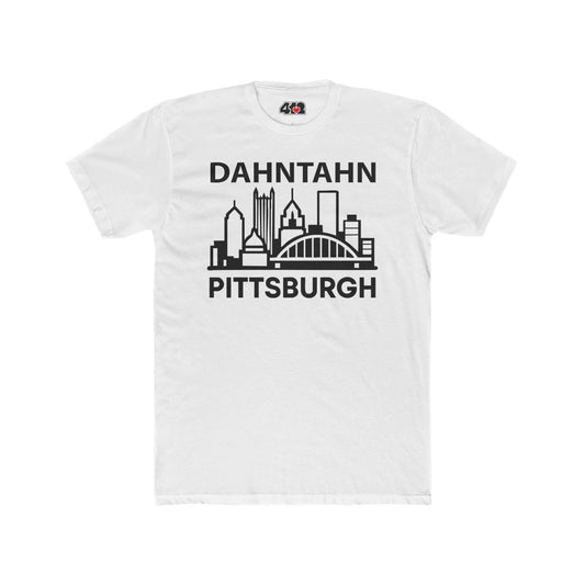 Dahntahn Pittsburgh T-Shirt | Black Logo. Apparel Color: Solid White. Tailored fit T-Shirt with breathable cotton fabric, and classic neckline.