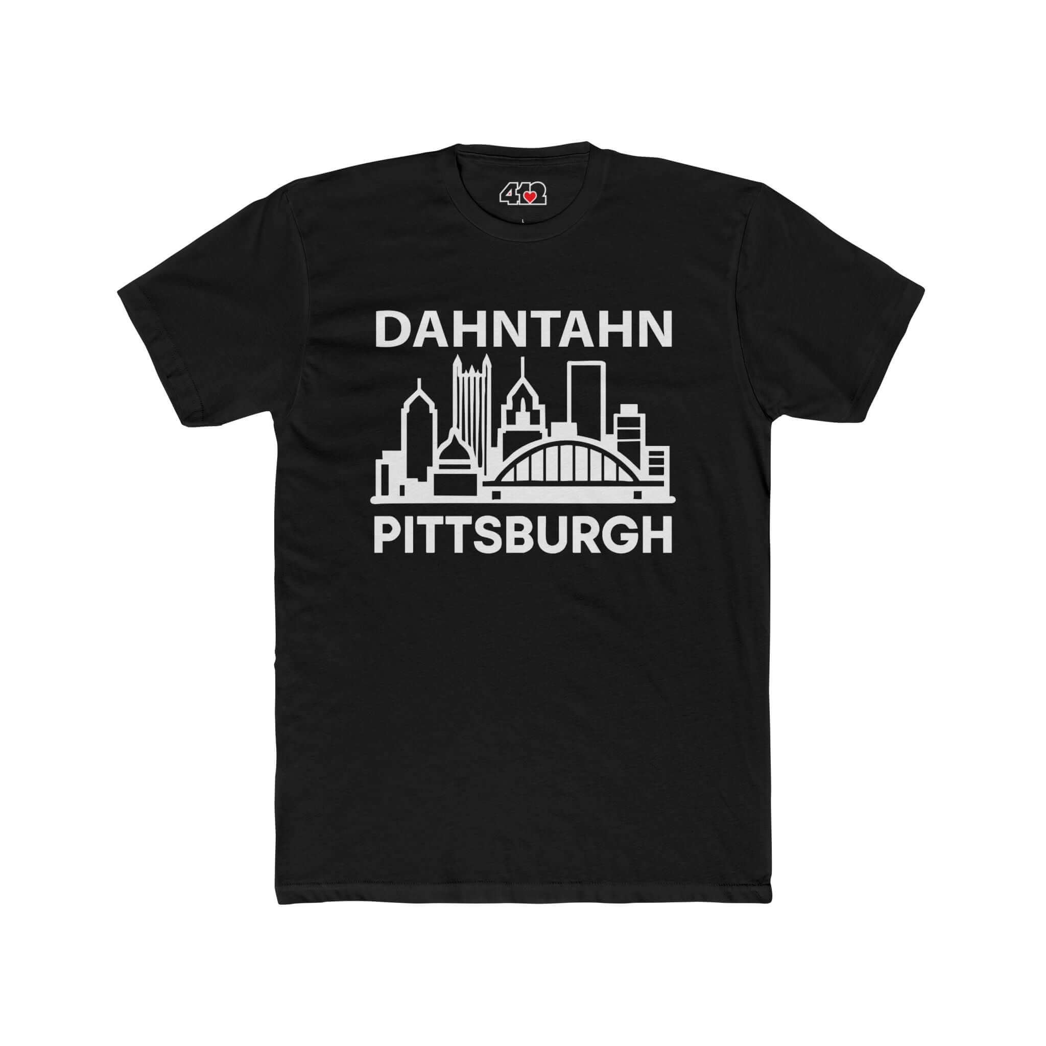 Dahntahn Pittsburgh T-Shirt | White Logo. Apparel Color: Solid Black. Tailored fit T-Shirt with breathable cotton fabric, and classic neckline.