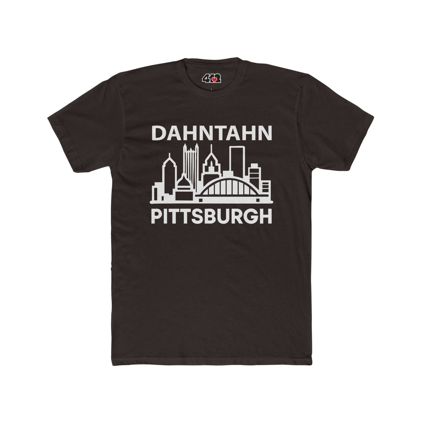 Dahntahn Pittsburgh T-Shirt | White Logo. Apparel Color: Solid Dark Chocolate. Tailored fit T-Shirt with breathable cotton fabric, and classic neckline.
