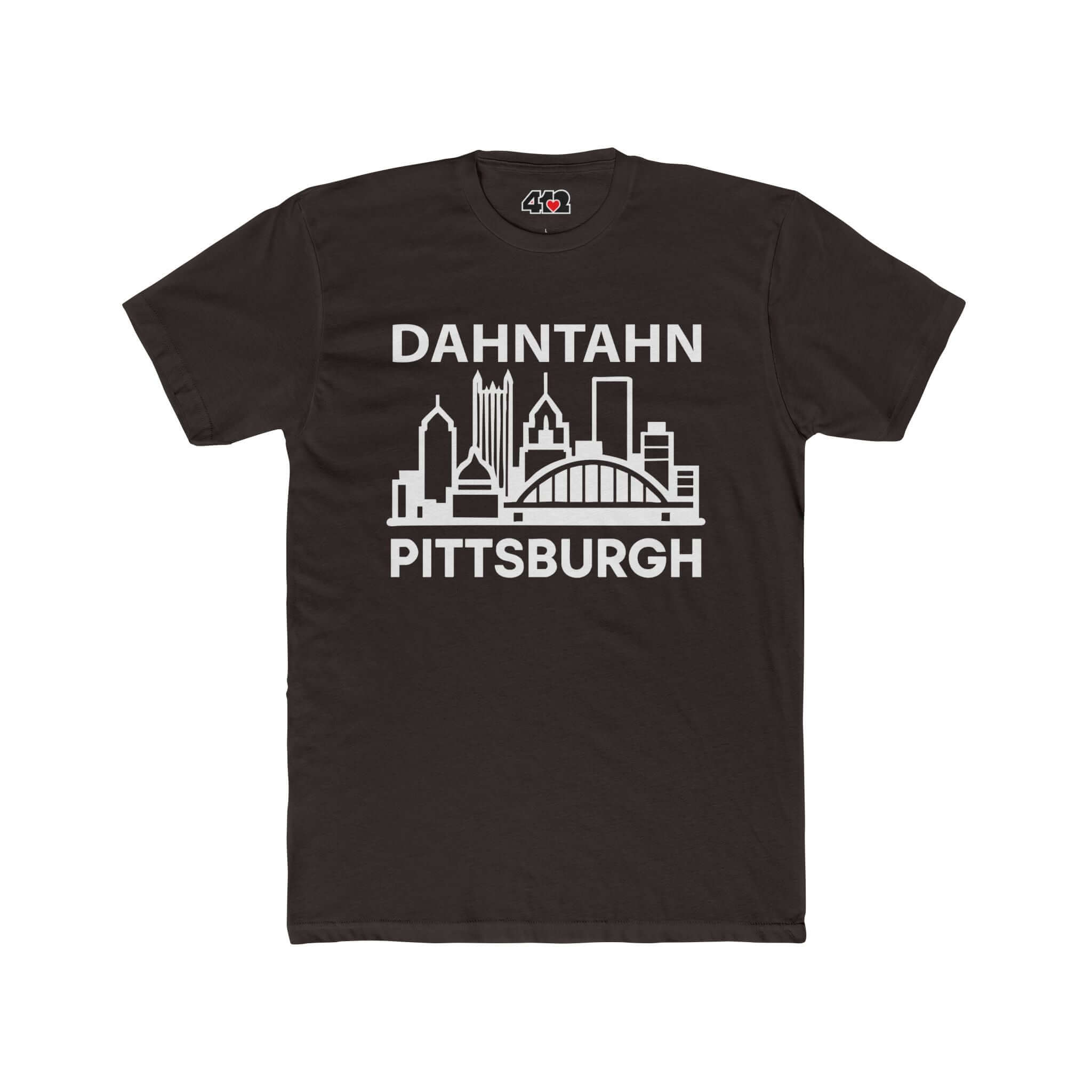 Dahntahn Pittsburgh T-Shirt | White Logo. Apparel Color: Solid Dark Chocolate. Tailored fit T-Shirt with breathable cotton fabric, and classic neckline.