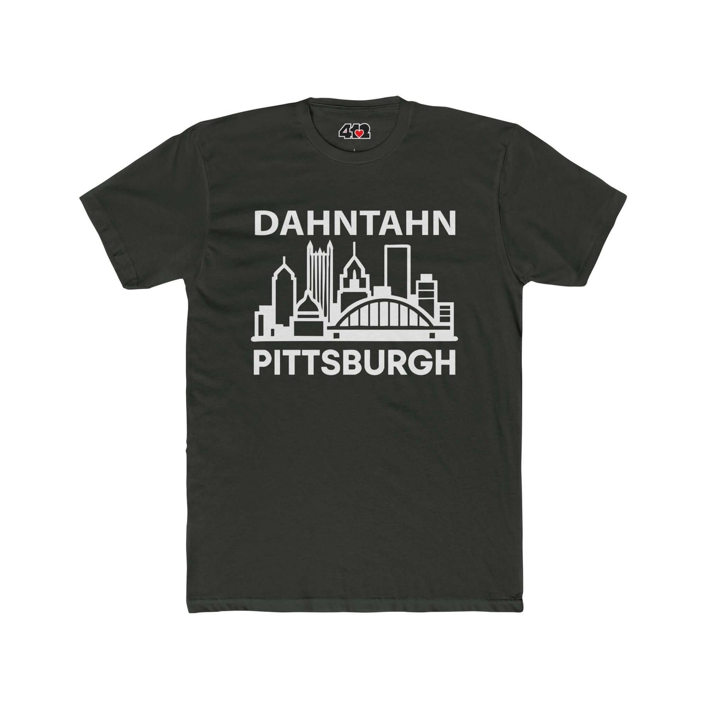 Dahntahn Pittsburgh T-Shirt | White Logo. Apparel Color: Solid Heavy Metal. Tailored fit T-Shirt with breathable cotton fabric, and classic neckline.
