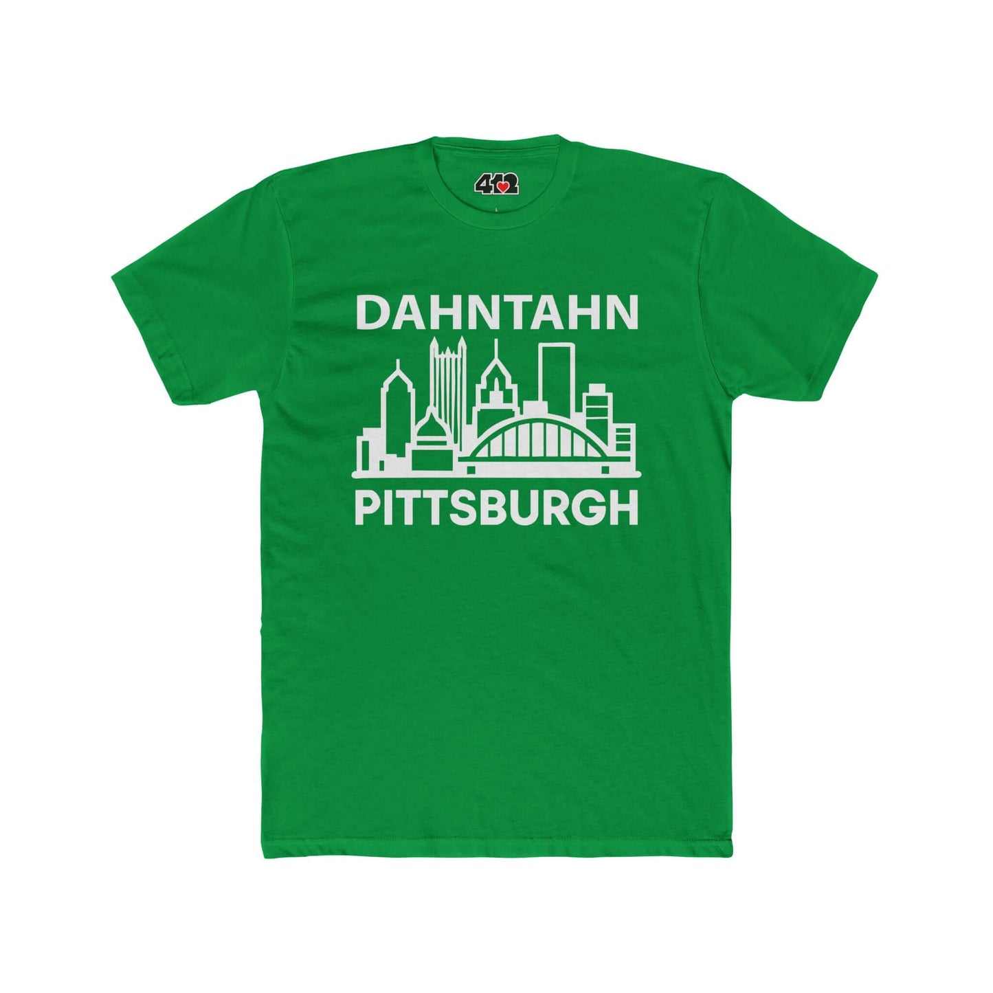 Dahntahn Pittsburgh T-Shirt | White Logo. Apparel Color: Solid Kelly Green. Tailored fit T-Shirt with breathable cotton fabric, and classic neckline.