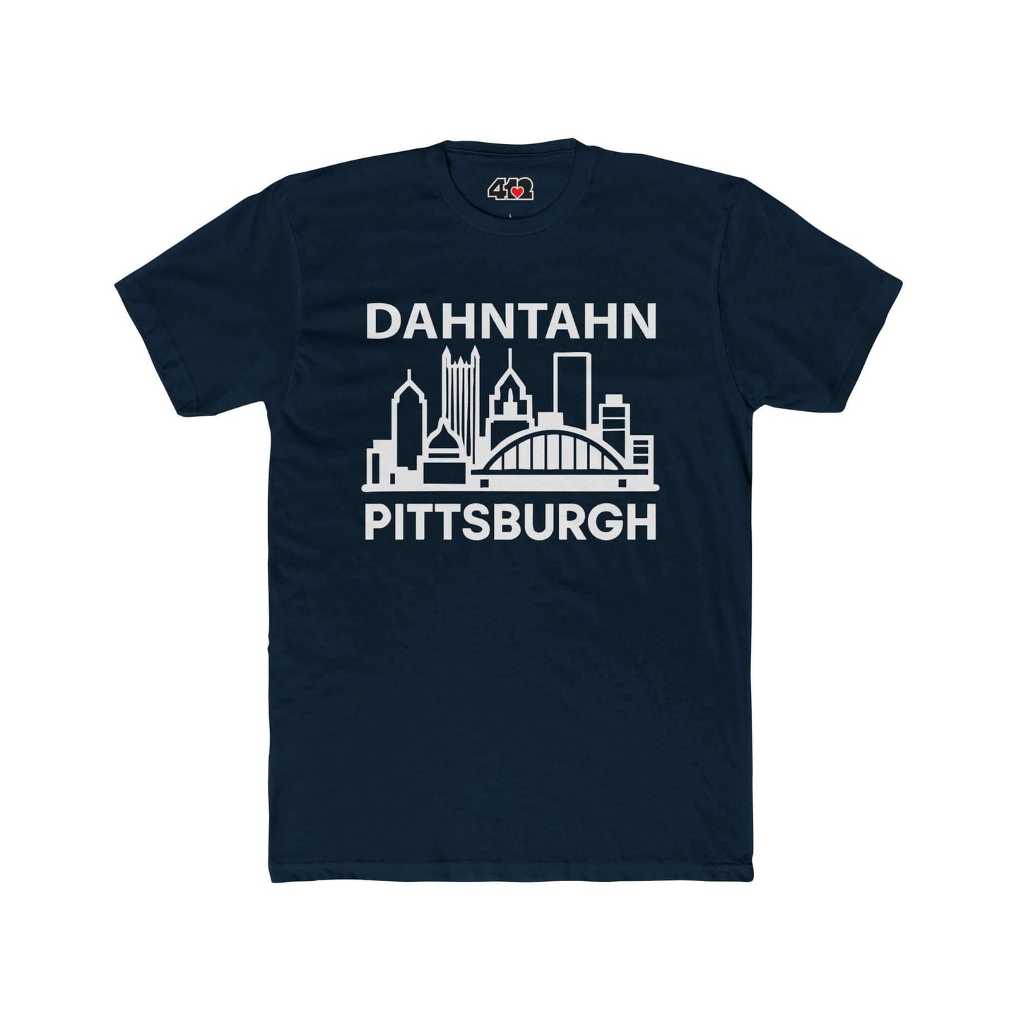 Dahntahn Pittsburgh T-Shirt | White Logo. Apparel Color: Solid Midnight Navy. Tailored fit T-Shirt with breathable cotton fabric, and classic neckline.