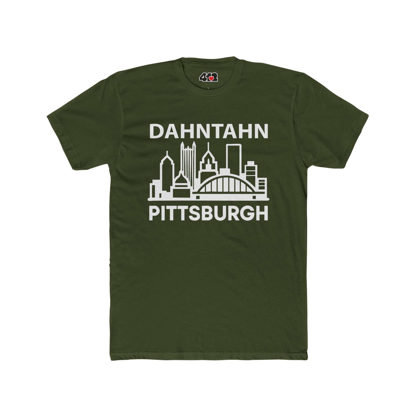 Dahntahn Pittsburgh T-Shirt | White Logo. Apparel Color: Solid Military Green. Tailored fit T-Shirt with breathable cotton fabric, and classic neckline.