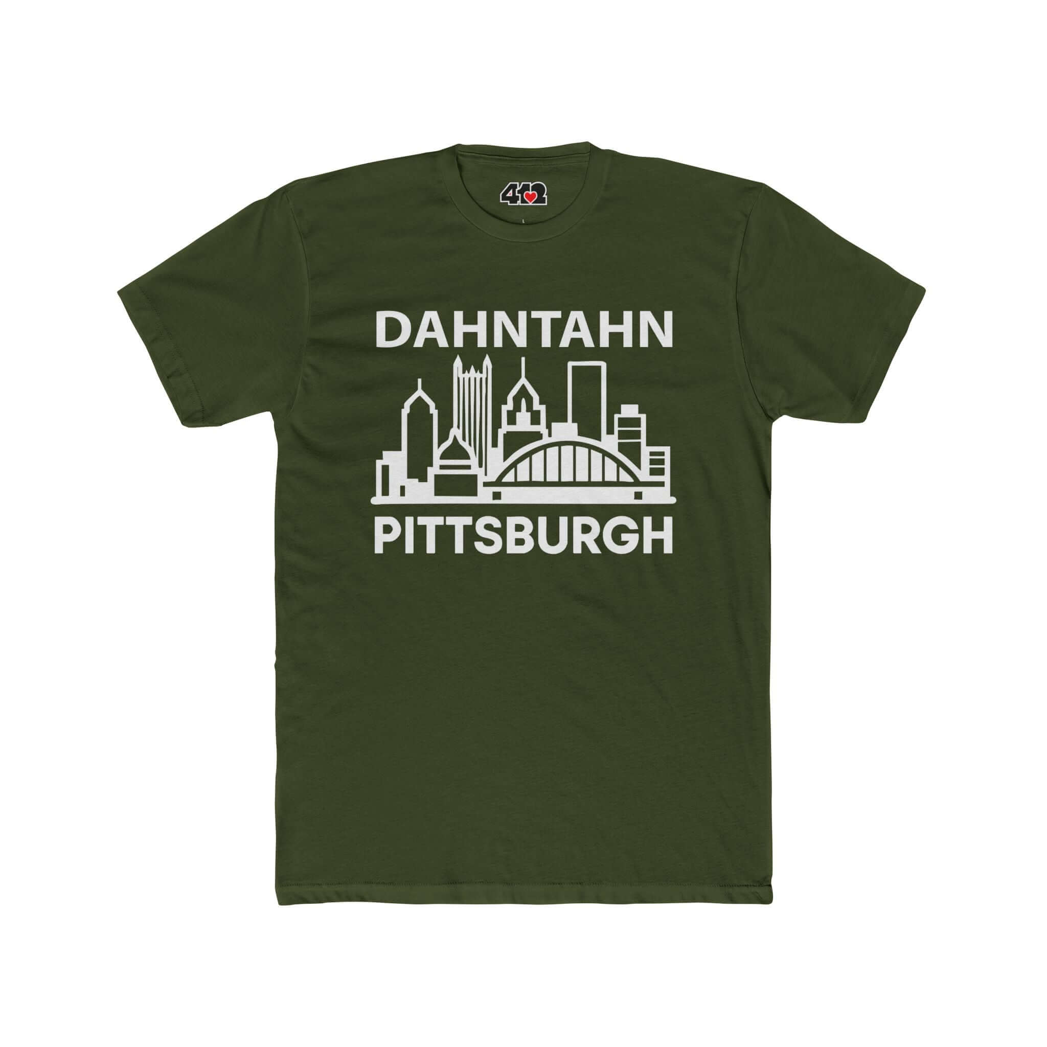 Dahntahn Pittsburgh T-Shirt | White Logo. Apparel Color: Solid Military Green. Tailored fit T-Shirt with breathable cotton fabric, and classic neckline.