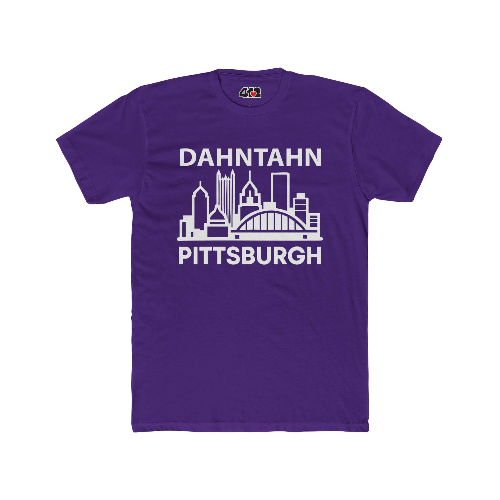 Dahntahn Pittsburgh T-Shirt | White Logo. Apparel Color: Solid Purple Rush. Tailored fit T-Shirt with breathable cotton fabric, and classic neckline.