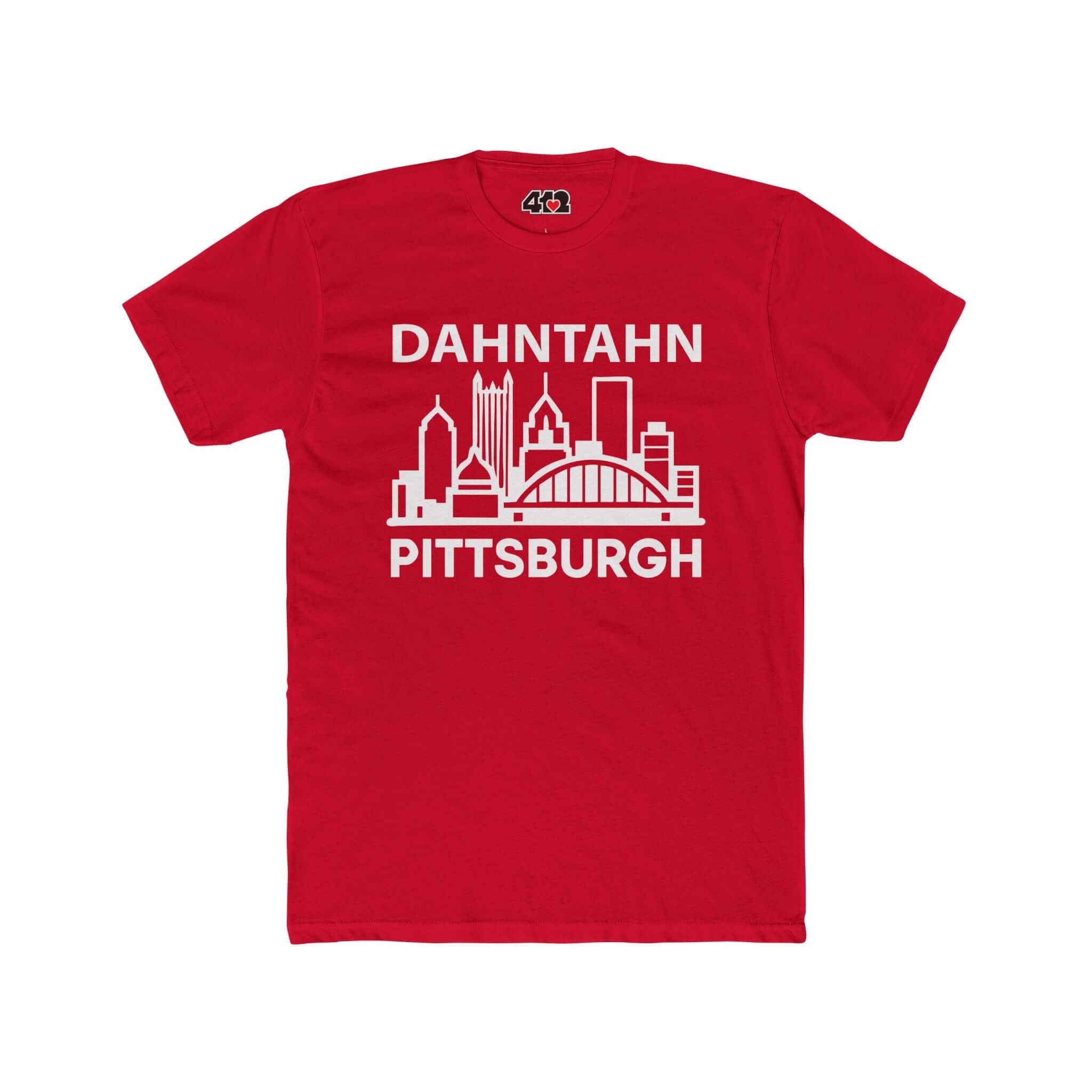 Dahntahn Pittsburgh T-Shirt | White Logo. Apparel Color: Solid Red. Tailored fit T-Shirt with breathable cotton fabric, and classic neckline.