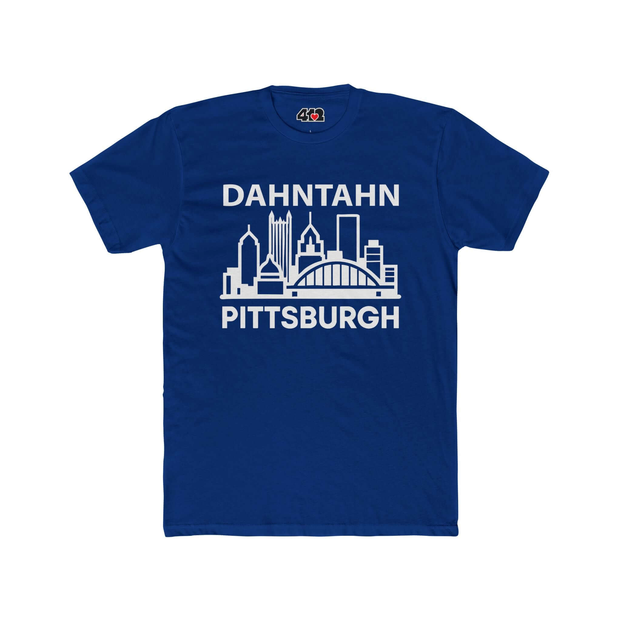 Dahntahn Pittsburgh T-Shirt | White Logo. Apparel Color: Solid Royal. Tailored fit T-Shirt with breathable cotton fabric, and classic neckline.