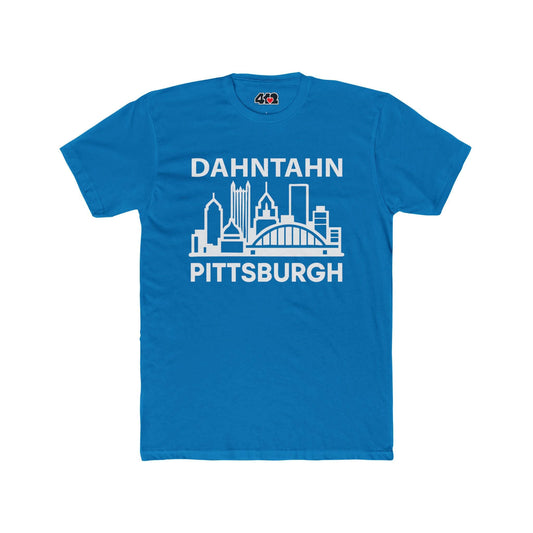 Dahntahn Pittsburgh T-Shirt | White Logo. Apparel Color: Solid Turquoise. Tailored fit T-Shirt with breathable cotton fabric, and classic neckline.