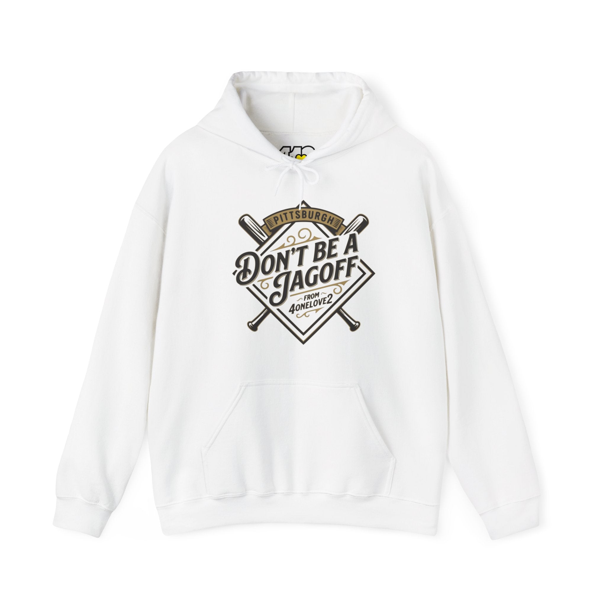Don't Be A Jagoff Hoodie. Apparel Color: White. 50/50 cotton-poly blend, cozy fit, kangaroo pocket, adjustable drawstring hood.