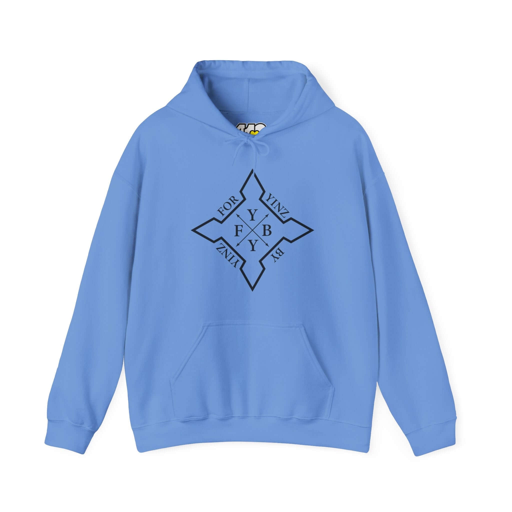 For YINZ By YINZ Hoodie | Black Logo Apparel Color: Carolina Blue. 50/50 cotton-poly blend, cozy fit, kangaroo pocket, adjustable drawstring hood.
