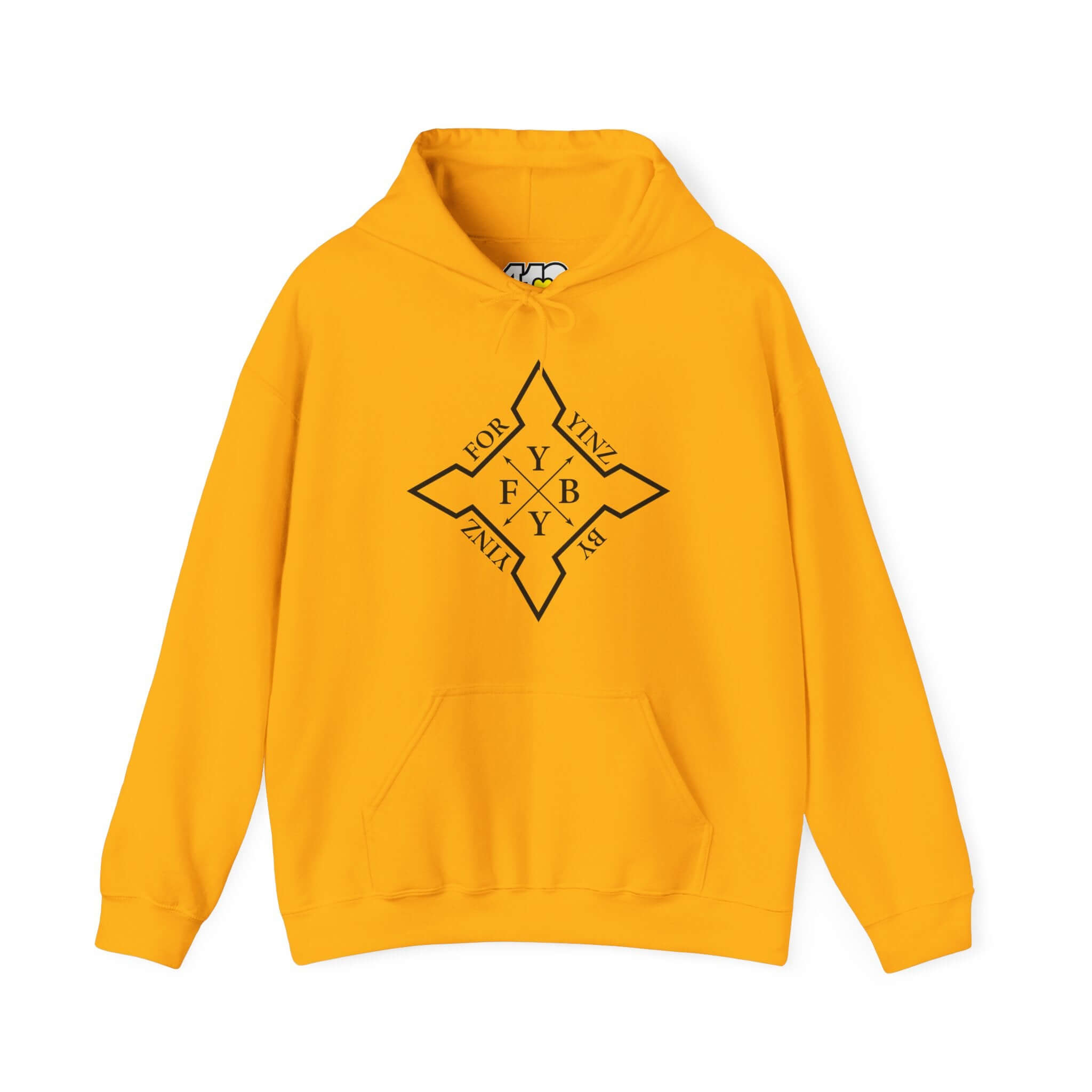 For YINZ By YINZ Hoodie | Black Logo Apparel Color: Gold. 50/50 cotton-poly blend, cozy fit, kangaroo pocket, adjustable drawstring hood.