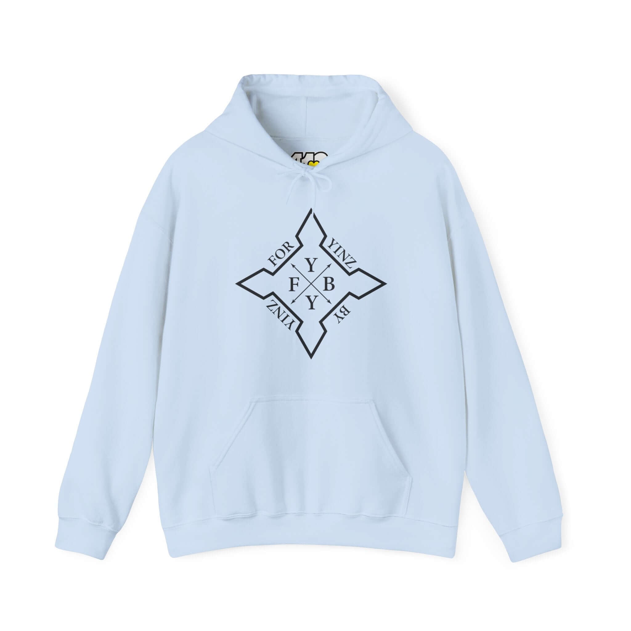 For YINZ By YINZ Hoodie | Black Logo Apparel Color: Light Blue. 50/50 cotton-poly blend, cozy fit, kangaroo pocket, adjustable drawstring hood.