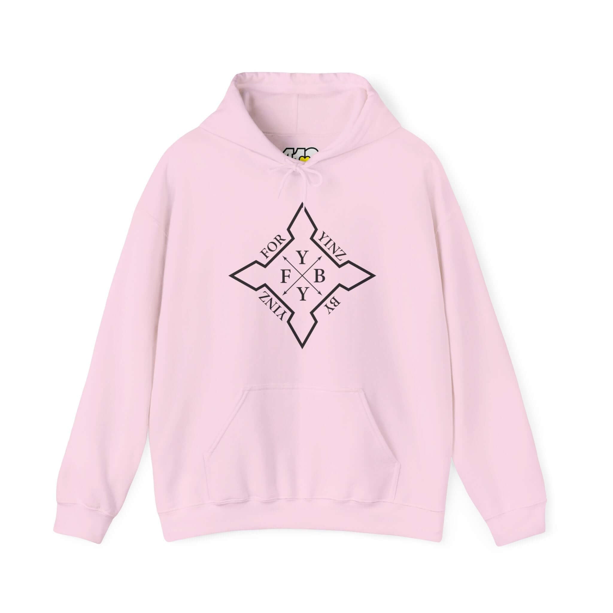 For YINZ By YINZ Hoodie | Black Logo Apparel Color: Light Pink. 50/50 cotton-poly blend, cozy fit, kangaroo pocket, adjustable drawstring hood.