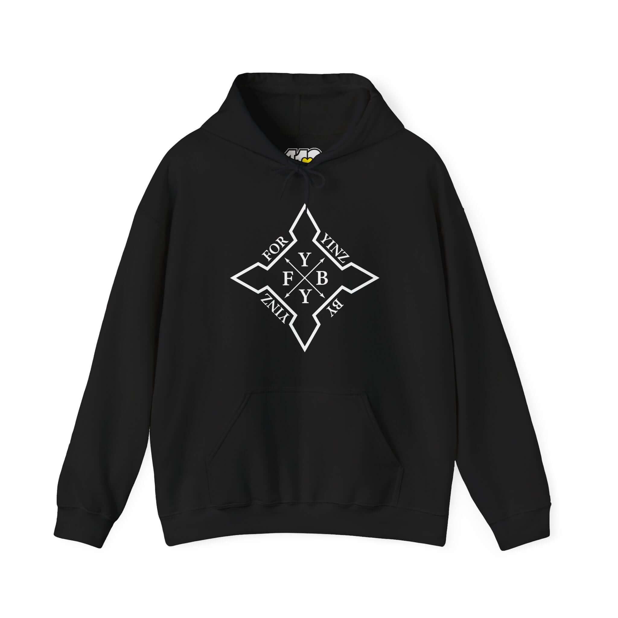 For YINZ By YINZ Hoodie | White Logo Apparel Color: Black. 50/50 cotton-poly blend, cozy fit, kangaroo pocket, adjustable drawstring hood.
