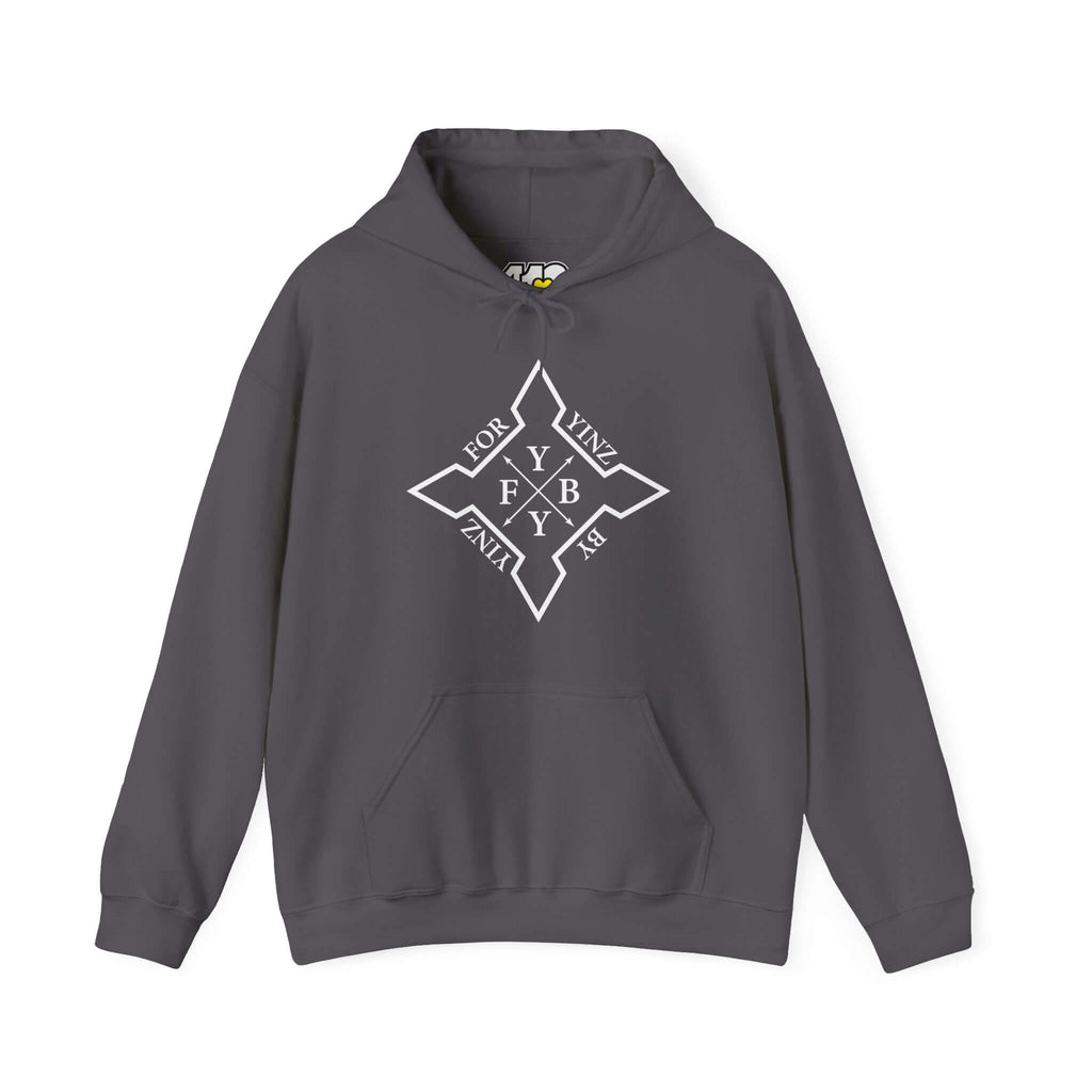 For YINZ By YINZ Hoodie | White Logo Apparel Color: Charcoal. 50/50 cotton-poly blend, cozy fit, kangaroo pocket, adjustable drawstring hood.