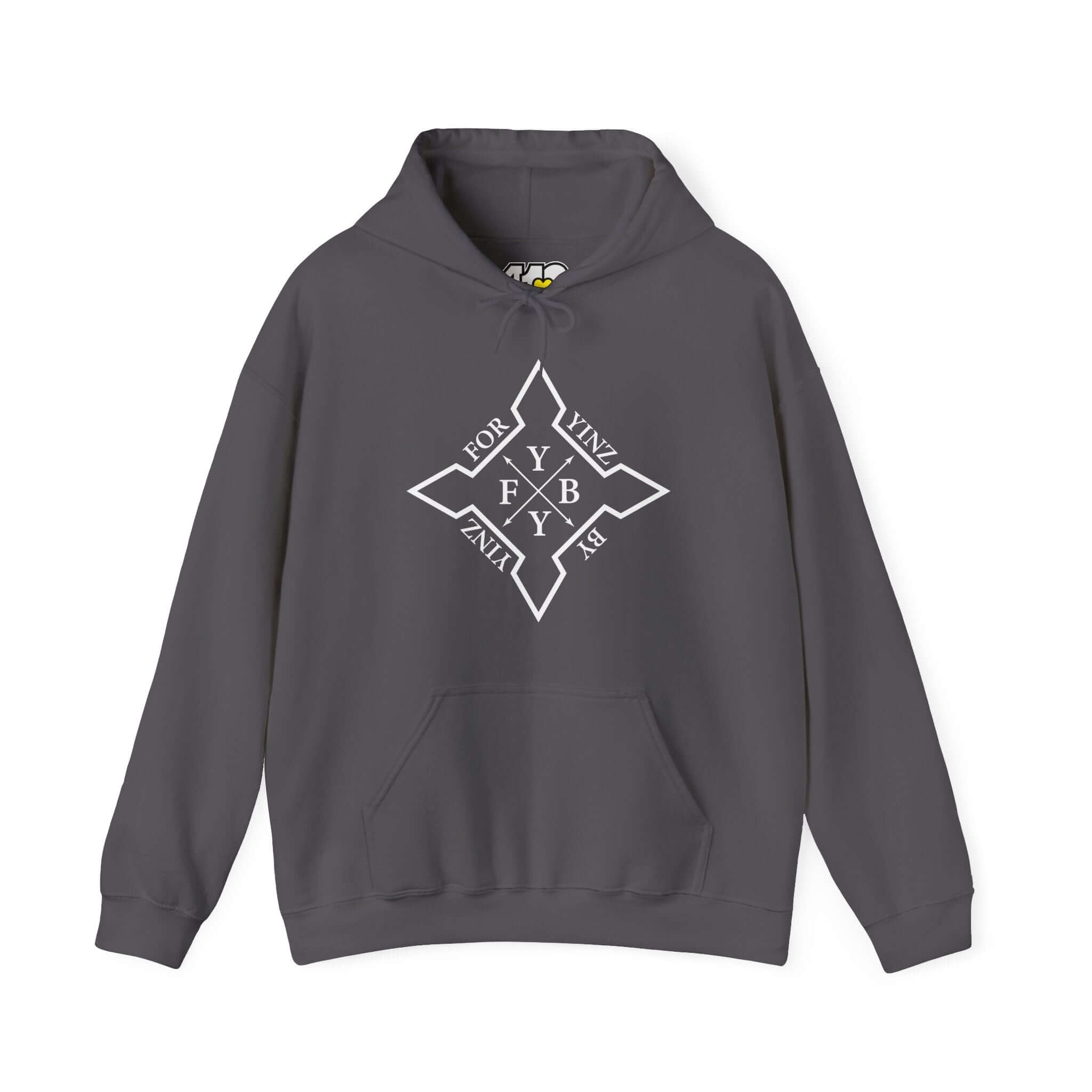 For YINZ By YINZ Hoodie | White Logo Apparel Color: Charcoal. 50/50 cotton-poly blend, cozy fit, kangaroo pocket, adjustable drawstring hood.