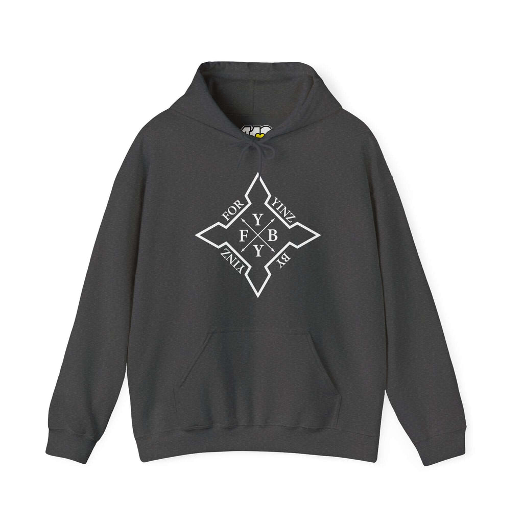 For YINZ By YINZ Hoodie | White Logo Apparel Color: Dark Heather. 50/50 cotton-poly blend, cozy fit, kangaroo pocket, adjustable drawstring hood.