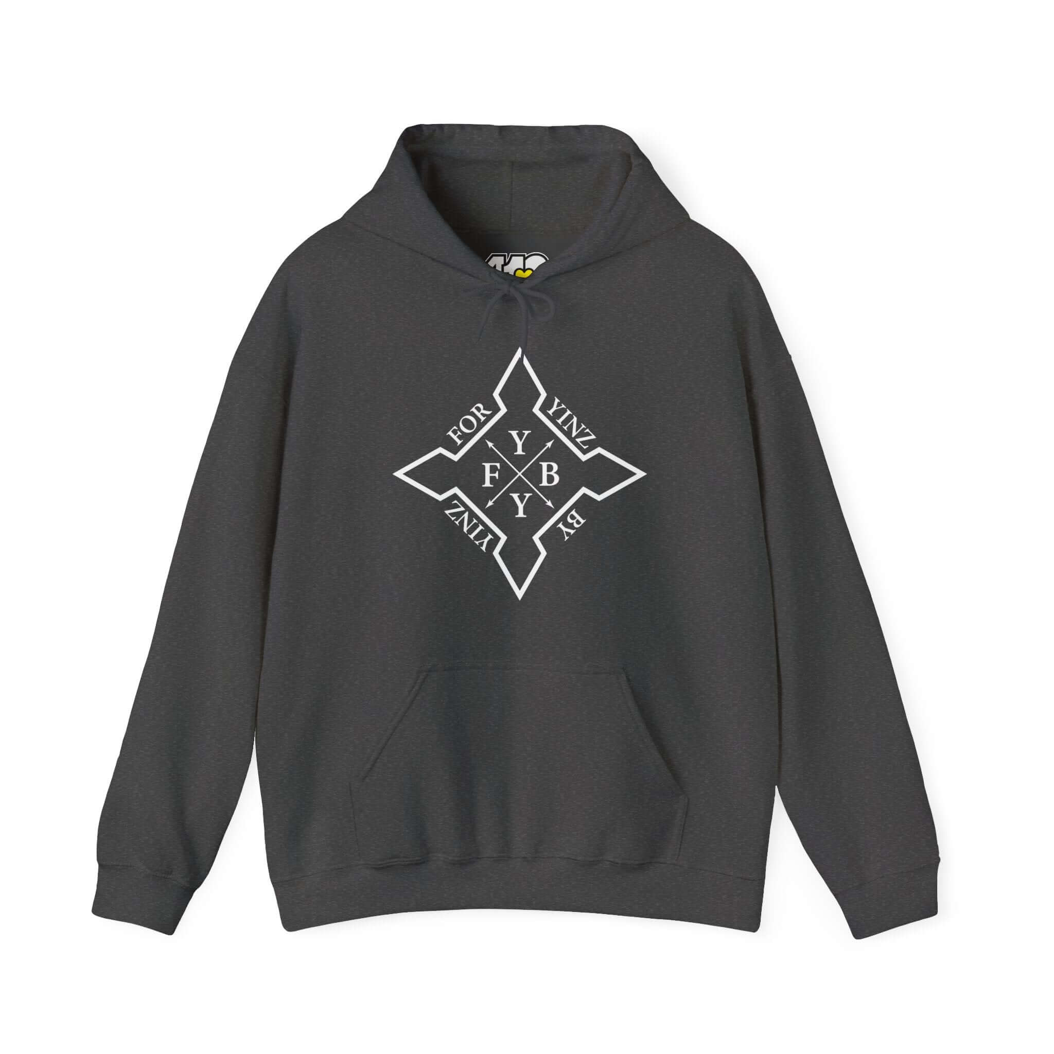 For YINZ By YINZ Hoodie | White Logo Apparel Color: Dark Heather. 50/50 cotton-poly blend, cozy fit, kangaroo pocket, adjustable drawstring hood.
