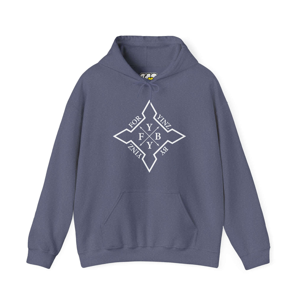 For YINZ By YINZ Hoodie | White Logo Apparel Color: Heather Navy. 50/50 cotton-poly blend, cozy fit, kangaroo pocket, adjustable drawstring hood.
