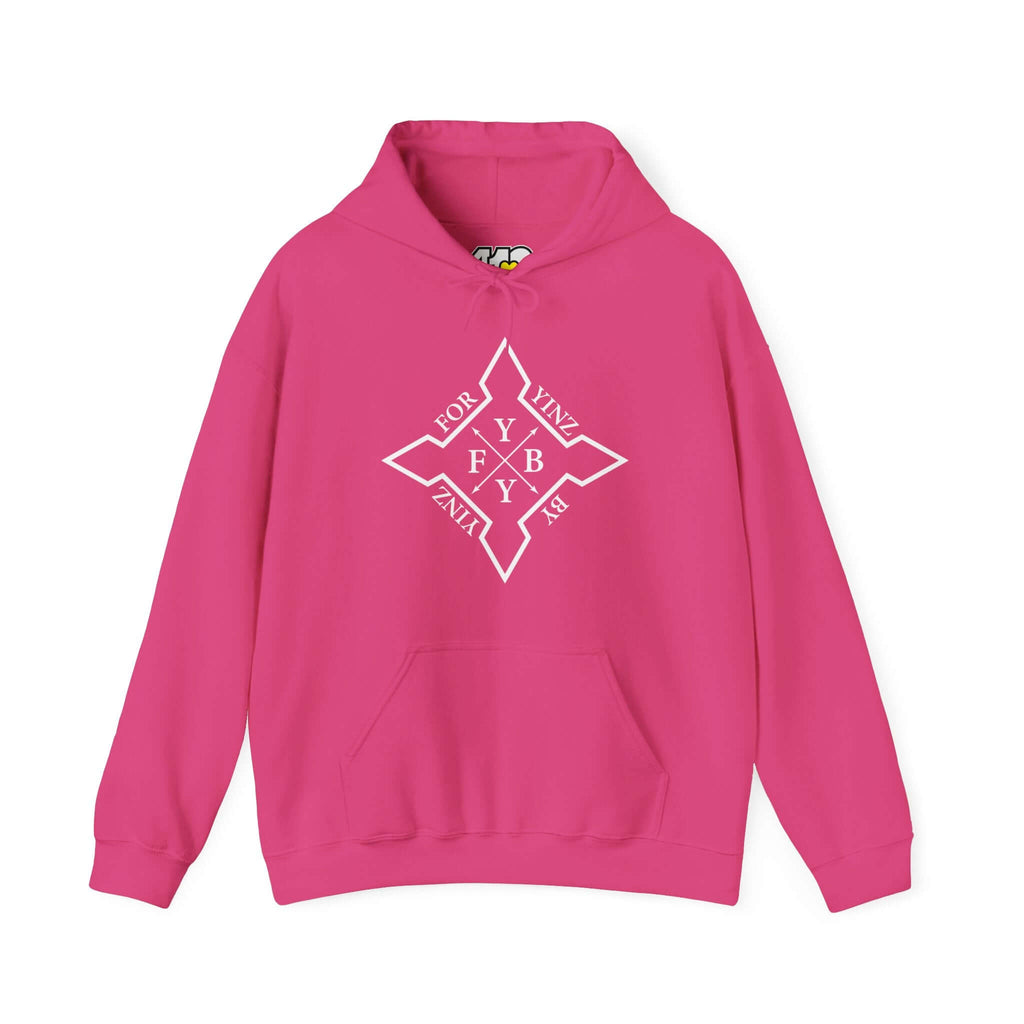 For YINZ By YINZ Hoodie | White Logo Apparel Color: Heliconia. 50/50 cotton-poly blend, cozy fit, kangaroo pocket, adjustable drawstring hood.