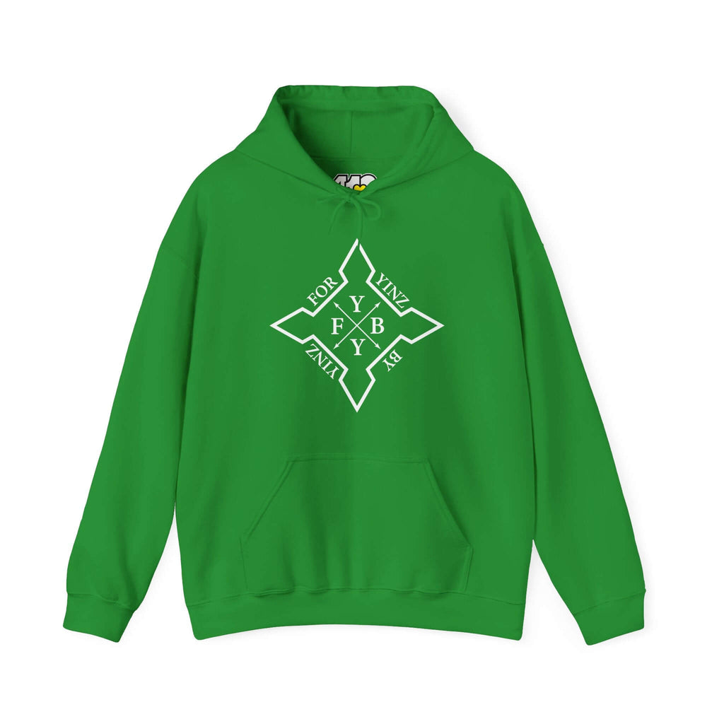 For YINZ By YINZ Hoodie | White Logo Apparel Color: Irish Green. 50/50 cotton-poly blend, cozy fit, kangaroo pocket, adjustable drawstring hood.