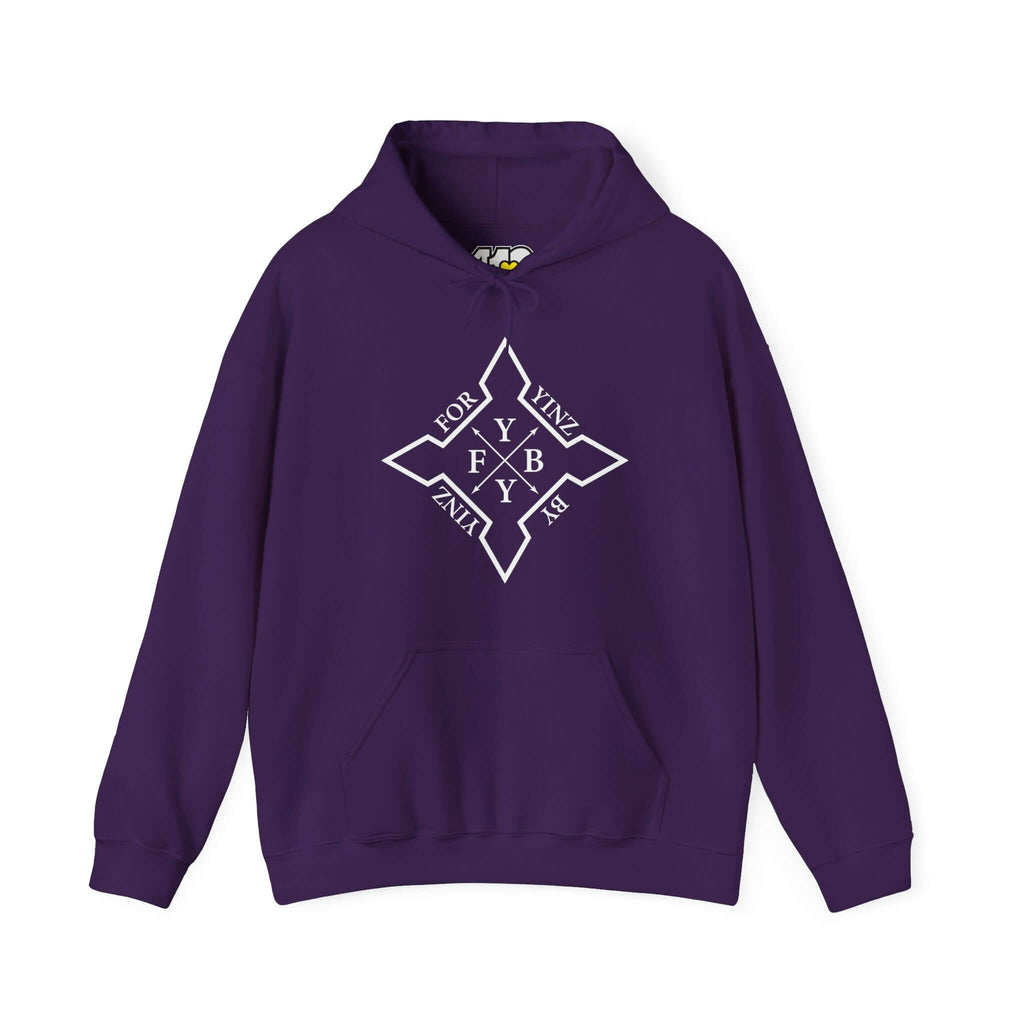 For YINZ By YINZ Hoodie | White Logo Apparel Color: Purple. 50/50 cotton-poly blend, cozy fit, kangaroo pocket, adjustable drawstring hood.