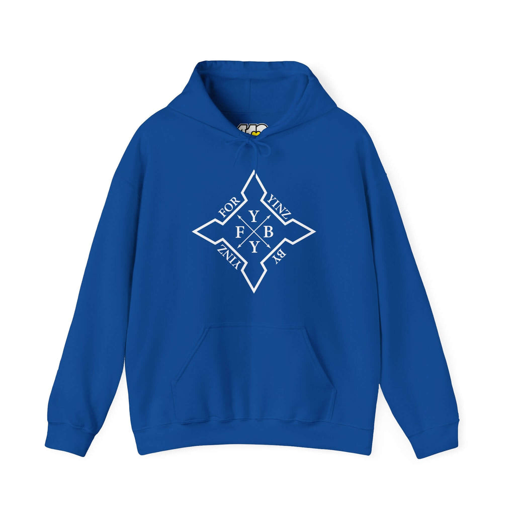 For YINZ By YINZ Hoodie | White Logo Apparel Color: Royal. 50/50 cotton-poly blend, cozy fit, kangaroo pocket, adjustable drawstring hood.