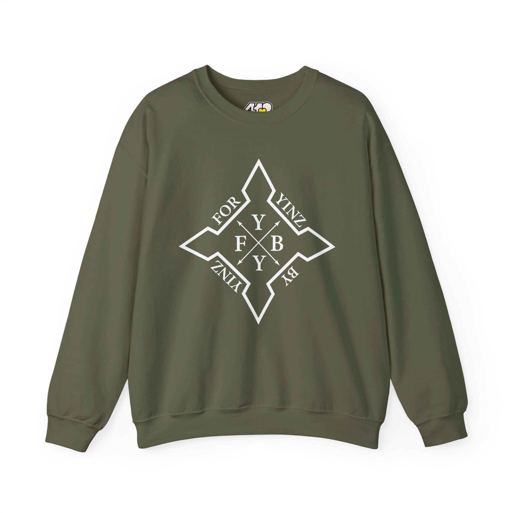 For YINZ By YINZ Sweatshirt | White Logo. Apparel Color: Military Green. A blend of 50% cotton and 50% polyester for cozy durability. With an Elastic ribbed collar, and Double-needle stitching.