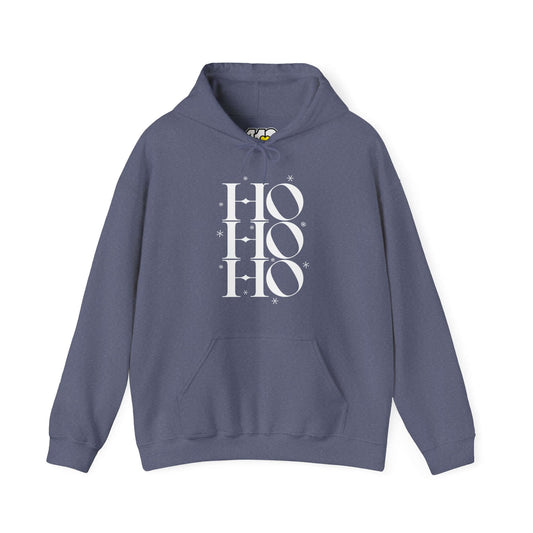 HO HO HO Hoodie | Bold White Logo. Apparel Color: Heather Navy. 50/50 cotton-poly blend, cozy fit, kangaroo pocket, adjustable drawstring hood.