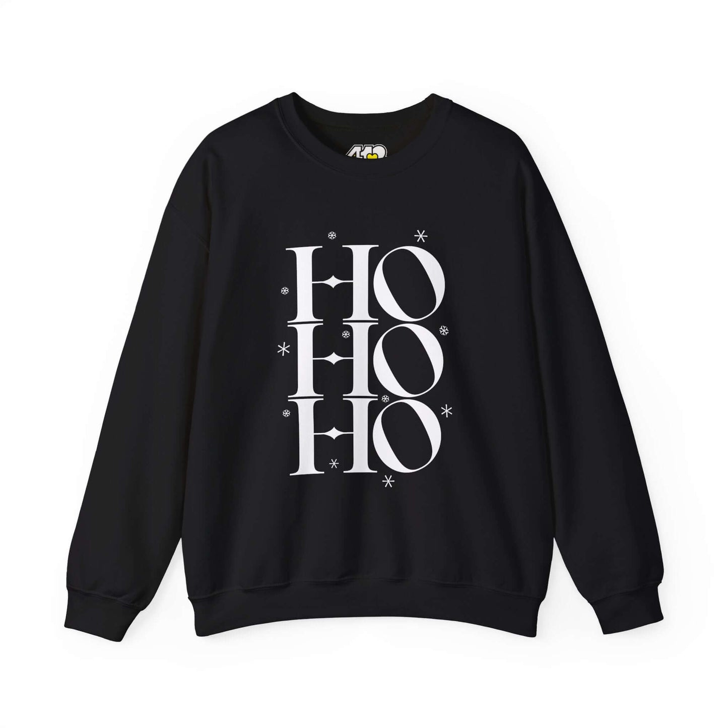 HO HO HO Sweatshirt | Bold White Logo. Apparel Color: Black. A blend of 50% cotton and 50% polyester for cozy durability. With an Elastic ribbed collar, and Double-needle stitching.