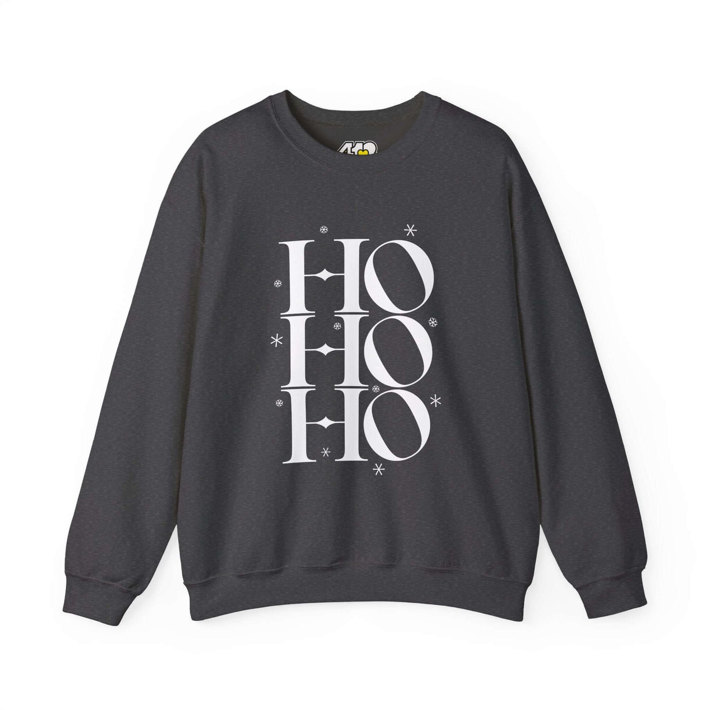 HO HO HO Sweatshirt | Bold White Logo. Apparel Color: Dark Heather. A blend of 50% cotton and 50% polyester for cozy durability. With an Elastic ribbed collar, and Double-needle stitching.