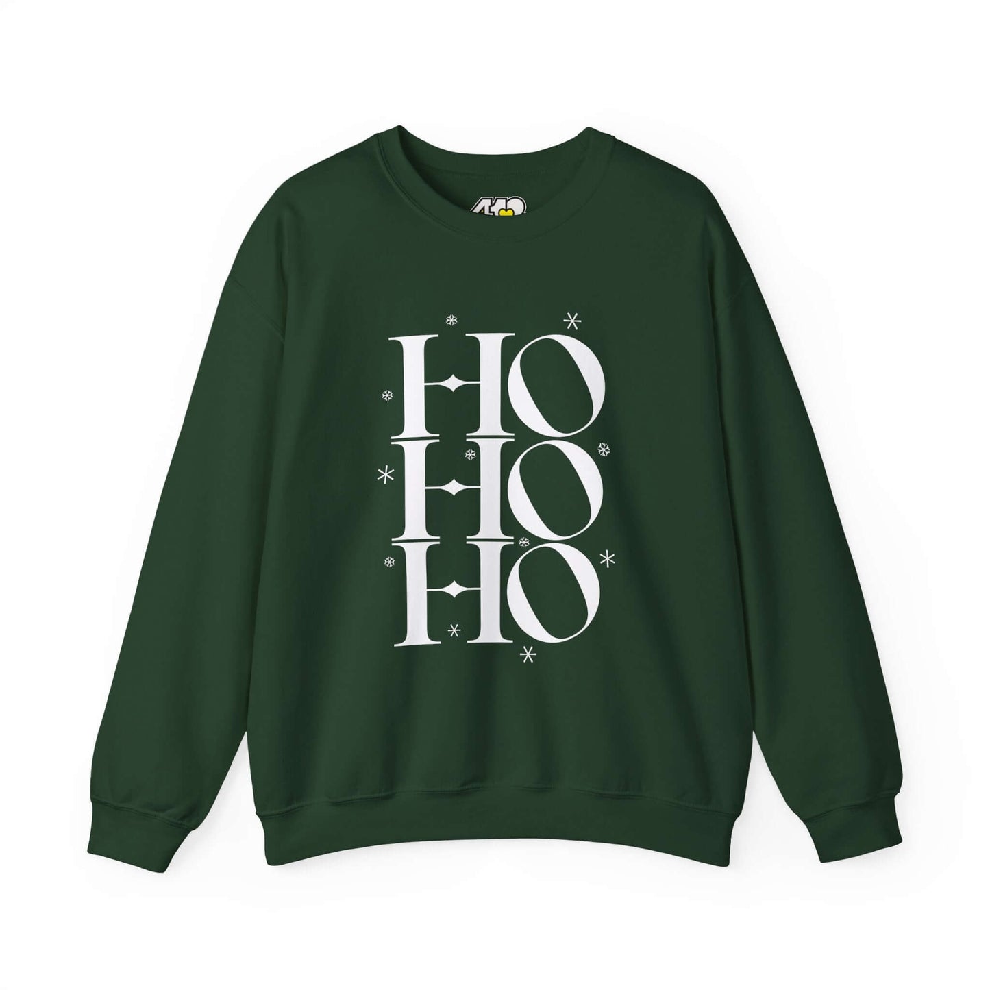 HO HO HO Sweatshirt | Bold White Logo. Apparel Color: Forest Green. A blend of 50% cotton and 50% polyester for cozy durability. With an Elastic ribbed collar, and Double-needle stitching.