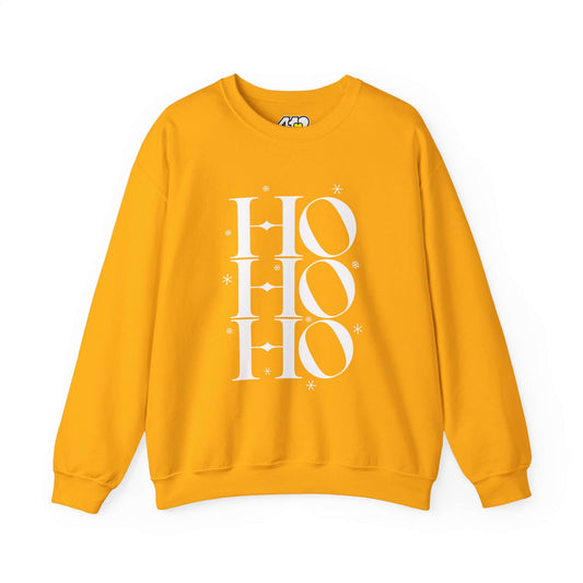 HO HO HO Sweatshirt | Bold White Logo. Apparel Color: Gold. A blend of 50% cotton and 50% polyester for cozy durability. With an Elastic ribbed collar, and Double-needle stitching.