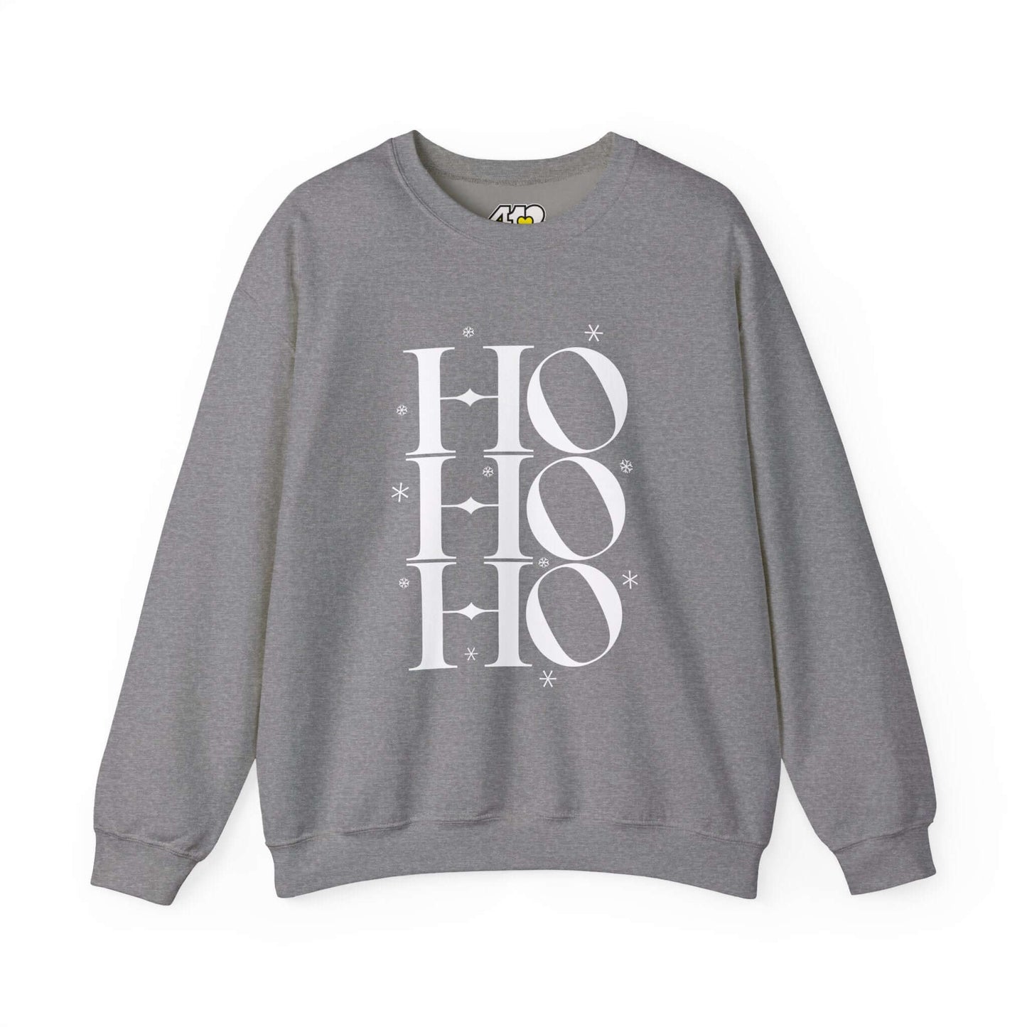 HO HO HO Sweatshirt | Bold White Logo. Apparel Color: Graphite Heather. A blend of 50% cotton and 50% polyester for cozy durability. With an Elastic ribbed collar, and Double-needle stitching.