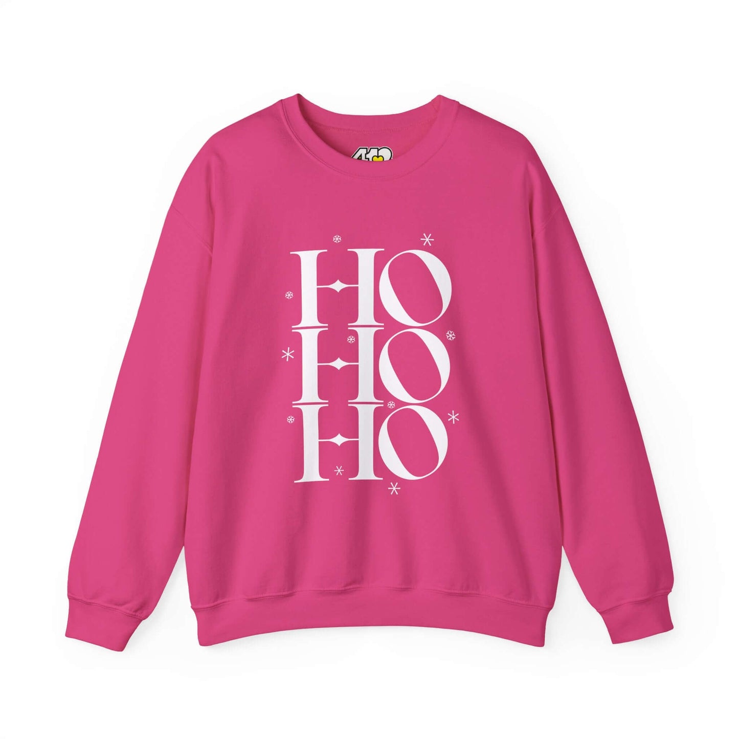HO HO HO Sweatshirt | Bold White Logo. Apparel Color: Heliconia. A blend of 50% cotton and 50% polyester for cozy durability. With an Elastic ribbed collar, and Double-needle stitching.