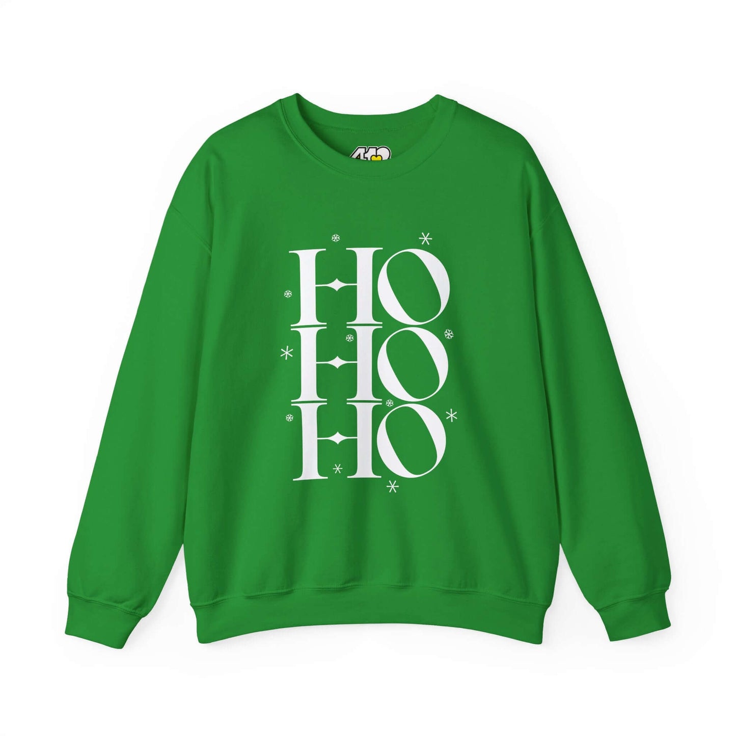 HO HO HO Sweatshirt | Bold White Logo. Apparel Color: Irish Green. A blend of 50% cotton and 50% polyester for cozy durability. With an Elastic ribbed collar, and Double-needle stitching.