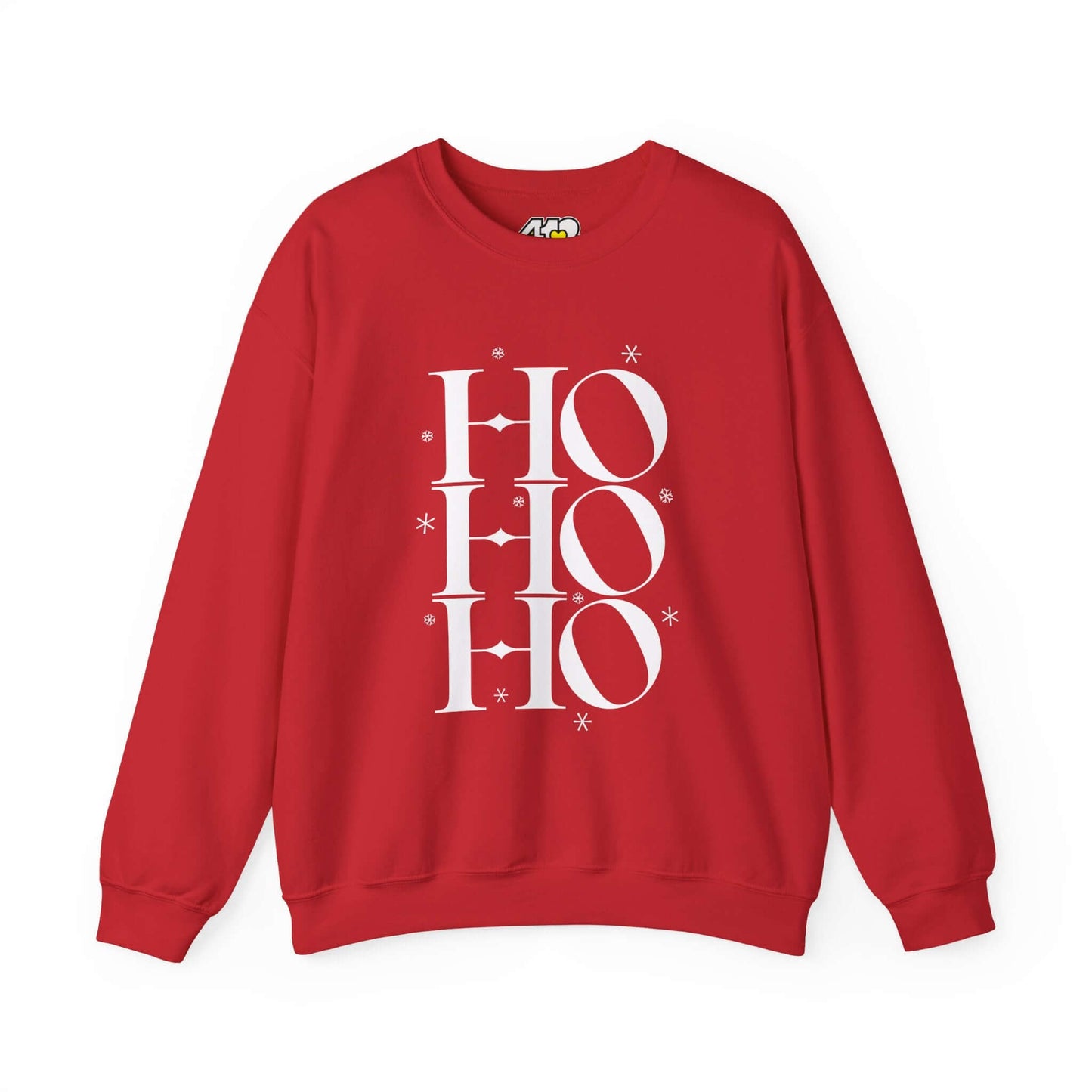 HO HO HO Sweatshirt | Bold White Logo. Apparel Color: Red. A blend of 50% cotton and 50% polyester for cozy durability. With an Elastic ribbed collar, and Double-needle stitching.