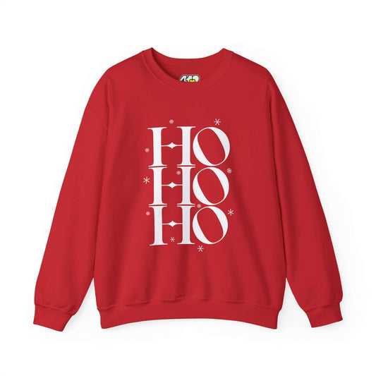 HO HO HO Sweatshirt | Bold White Logo. Apparel Color: Red. A blend of 50% cotton and 50% polyester for cozy durability. With an Elastic ribbed collar, and Double-needle stitching.