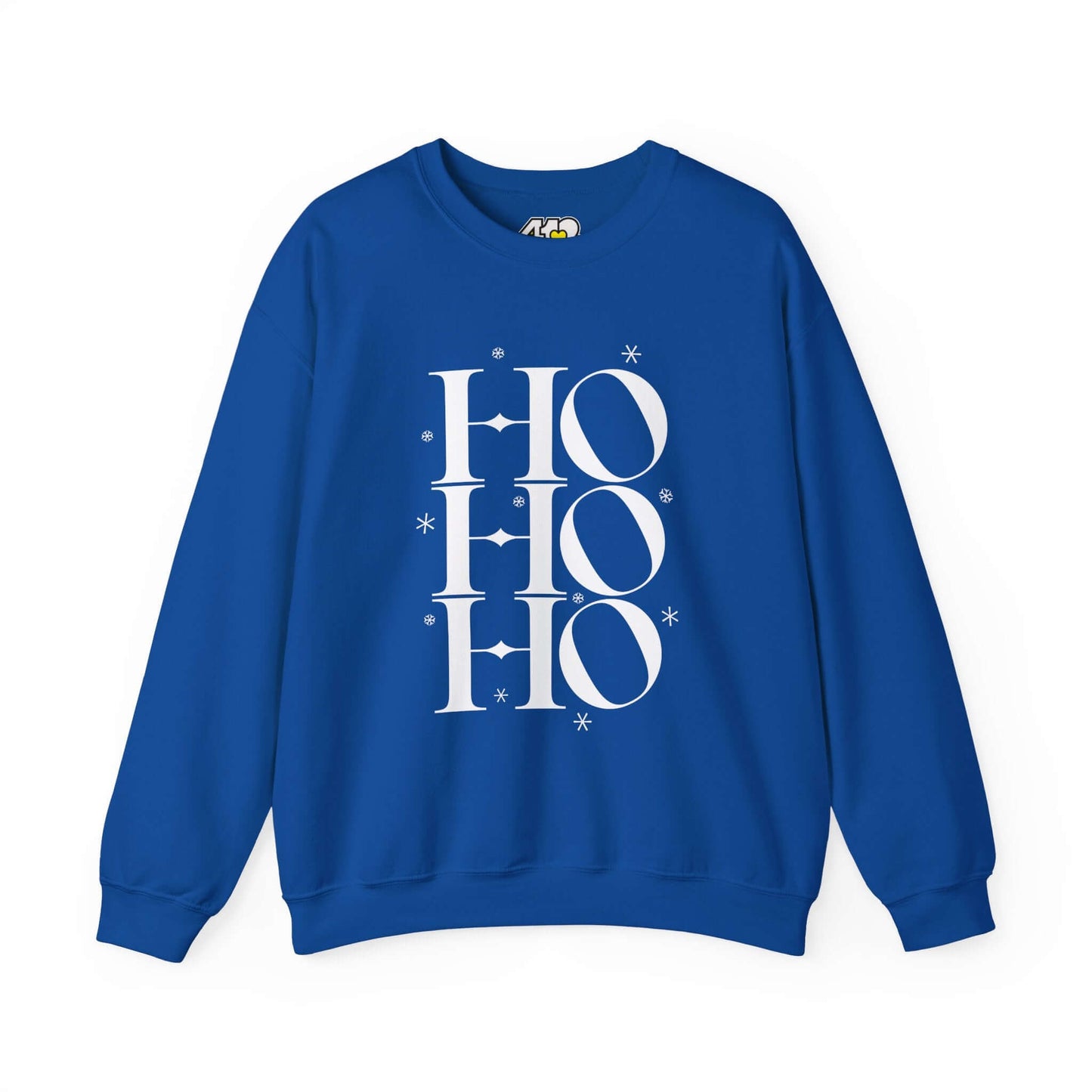 HO HO HO Sweatshirt | Bold White Logo. Apparel Color: Royal. A blend of 50% cotton and 50% polyester for cozy durability. With an Elastic ribbed collar, and Double-needle stitching.