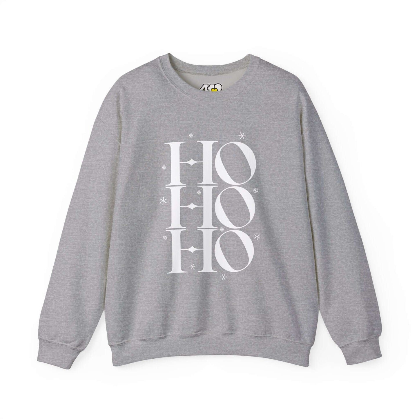 HO HO HO Sweatshirt | Bold White Logo. Apparel Color: Sport Grey. A blend of 50% cotton and 50% polyester for cozy durability. With an Elastic ribbed collar, and Double-needle stitching.