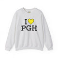 I Heart PGH Crewneck. Apparel Color: Ash. A blend of 50% cotton and 50% polyester for cozy durability. With an Elastic ribbed collar, and Double-needle stitching.