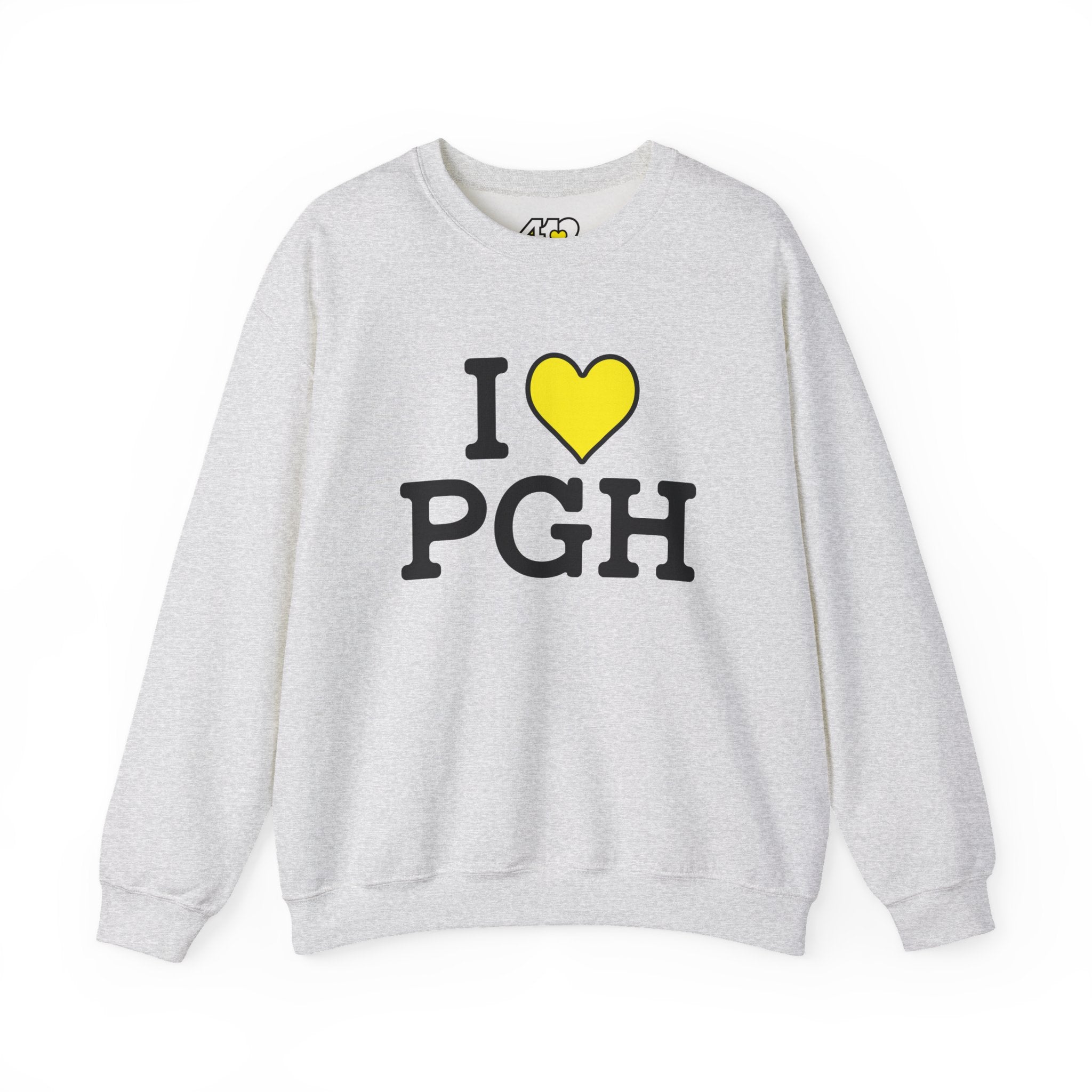 I Heart PGH Crewneck. Apparel Color: Ash. A blend of 50% cotton and 50% polyester for cozy durability. With an Elastic ribbed collar, and Double-needle stitching.
