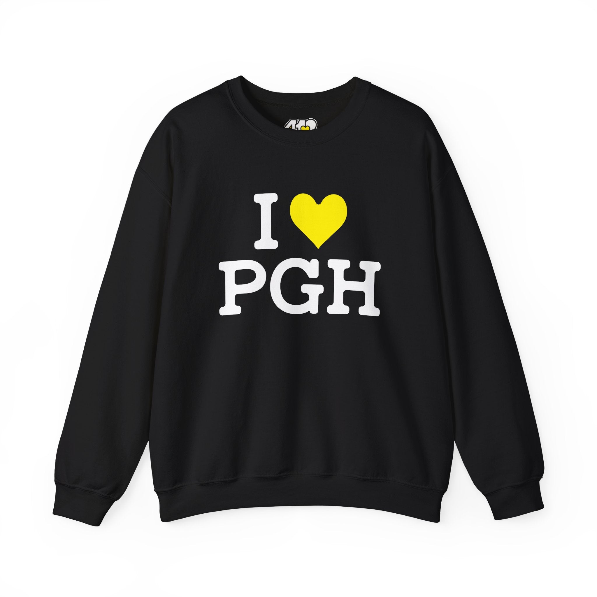 I Heart PGH Crewneck. Apparel Color: Black. A blend of 50% cotton and 50% polyester for cozy durability. With an Elastic ribbed collar, and Double-needle stitching.